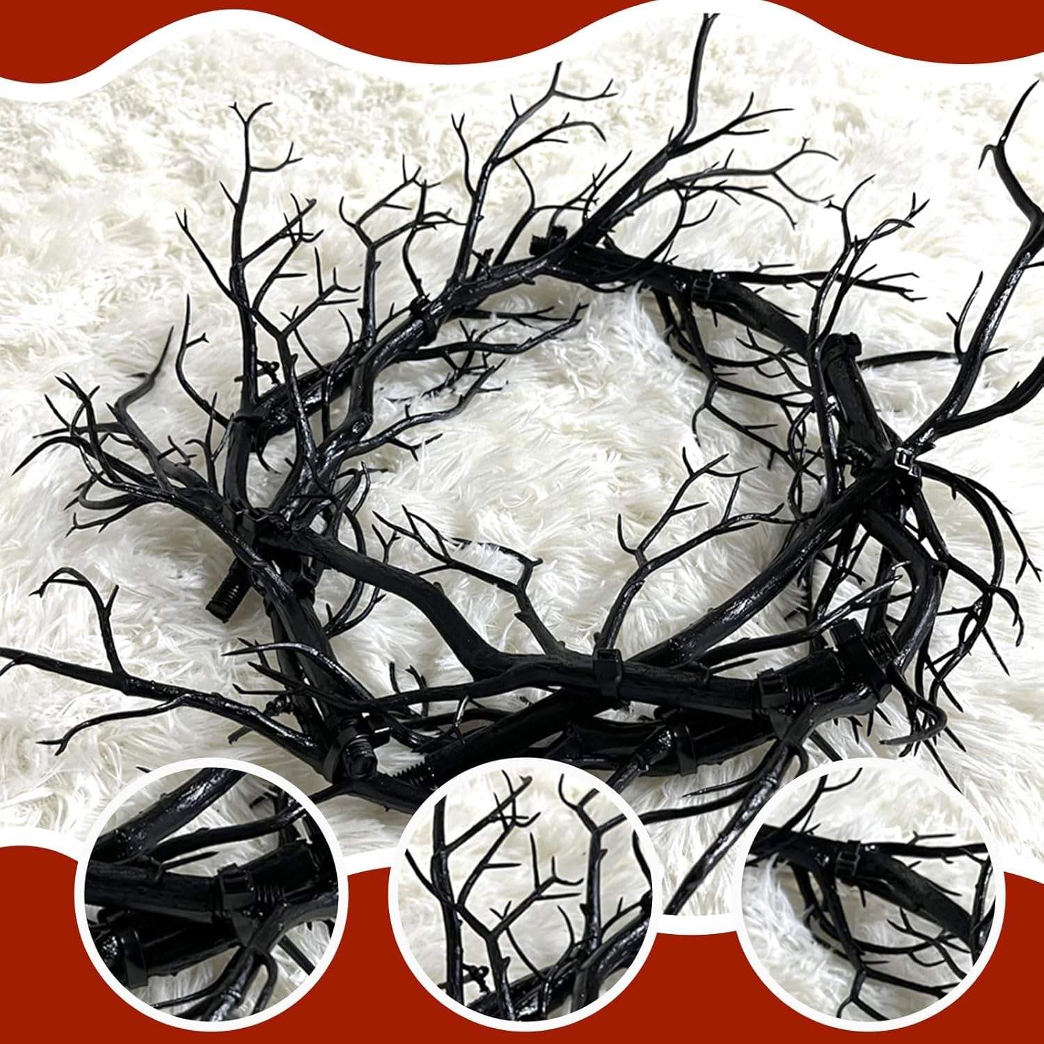 Halloween Black Branch Wreath, 18 Inch Glitter Black Twig Tree Branches Halloween Wreaths with Lights for Front Door Wall Horror Table Decor for Home Window Farmhouse Party (Branch with Red Lights)