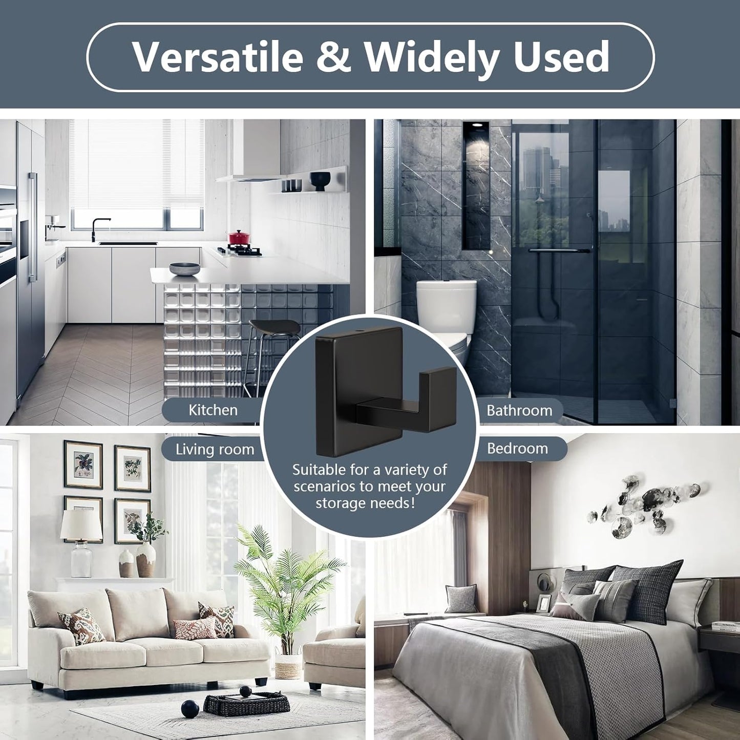 2 Pack Robe Towel Hooks for Bathrooms Matte Black Coat Hooks for Hanging Stainless Steel Heavy Duty Wall Mounted Shower Hooks Wall Hooks for Kitchen Bedroom,Hotel,Pool (Drilling)