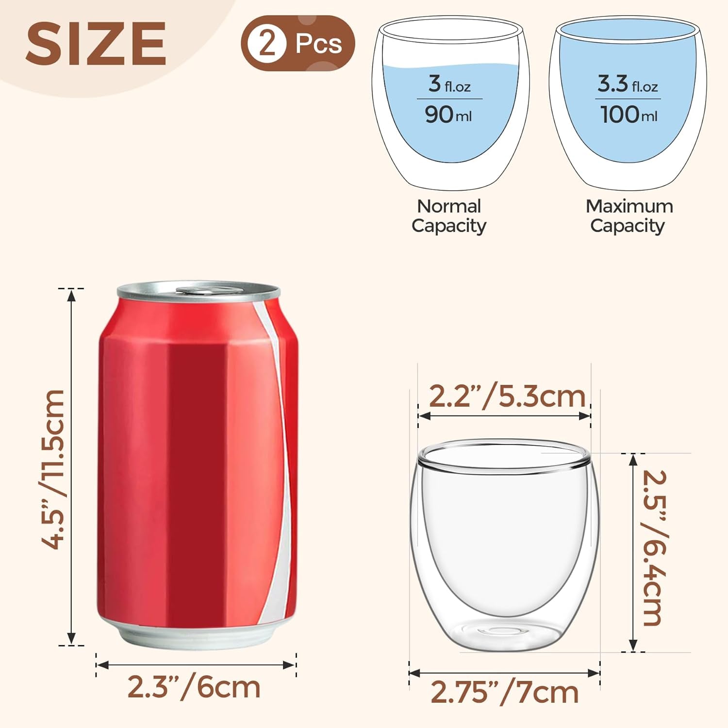 Double Walled Espresso Cups 3 Oz, Glass Espresso Shot Cup Set of 2, Small Coffee Mugs for Ristretto, Lungo, Machiato, Ideal Gift for Chrismas, Brithday