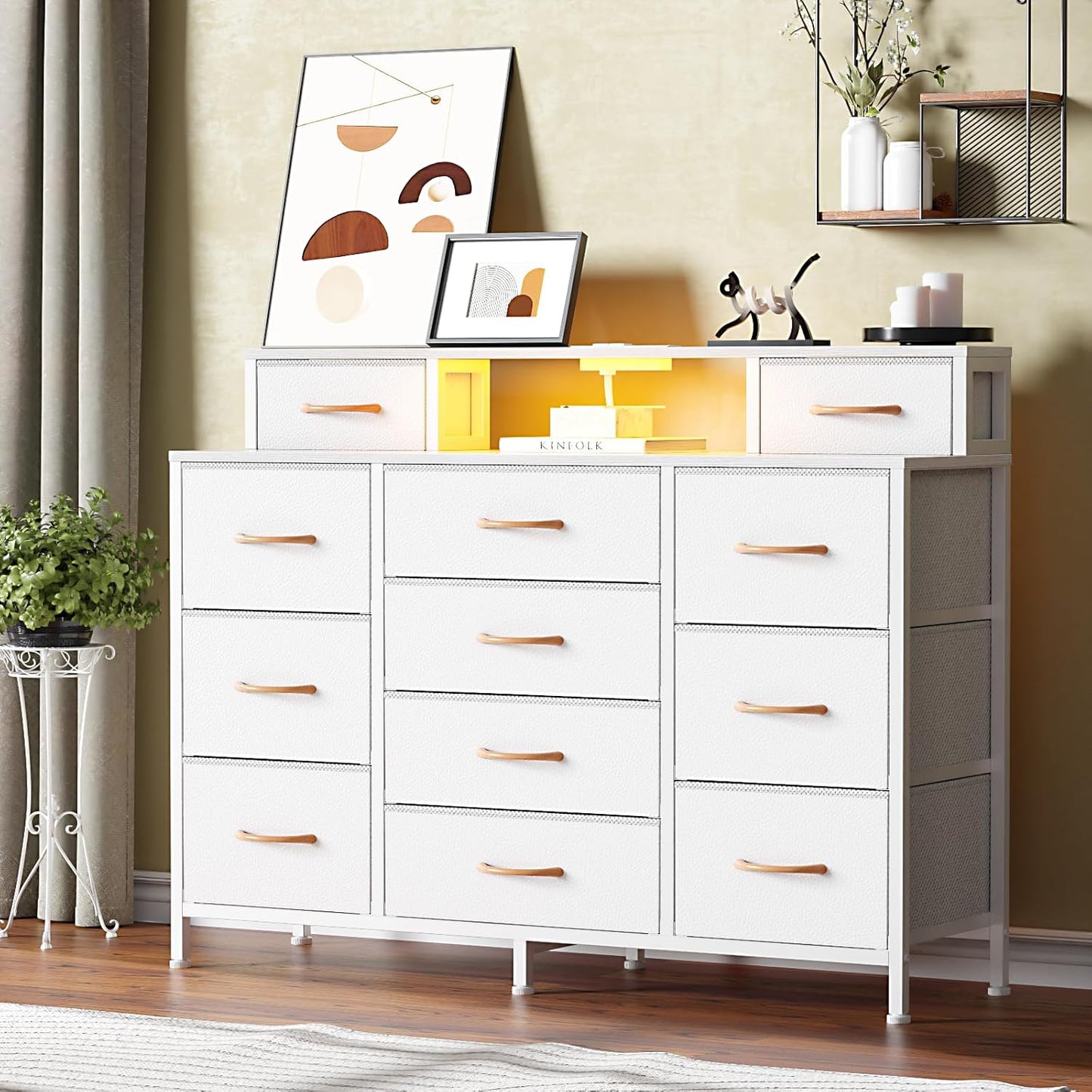 White Bedroom Dresser with LED Lighting and Charging Station, 47" Wide Chest Featuring 12 Fabric Storage Drawers, Versatile Vanity Furniture for Closet and Entryway, Includes 2 Shelves and Metal Frame