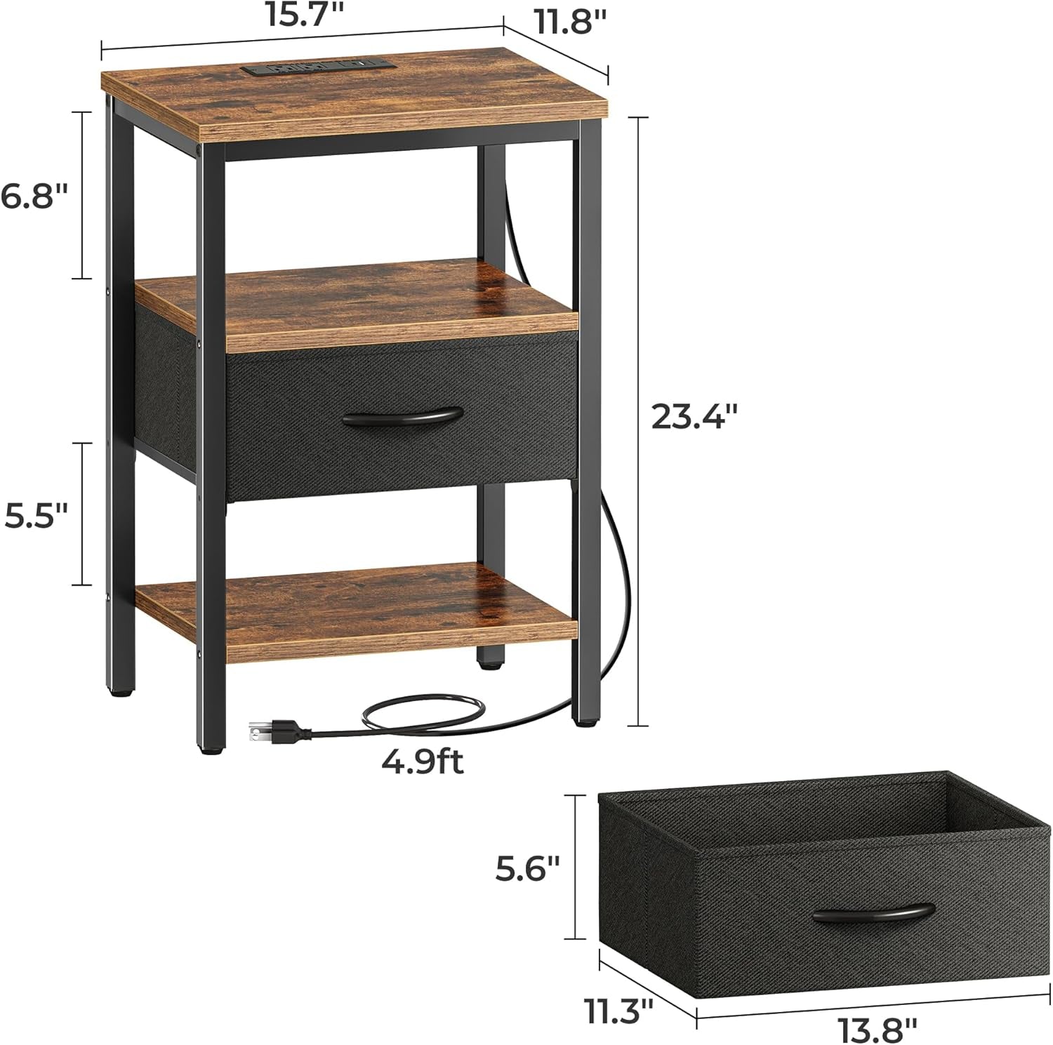 Rustic Brown and Black Nightstand with Charging Station and Adjustable Fabric Drawer, 3-Tier Storage End Table for Bedroom and Living Room