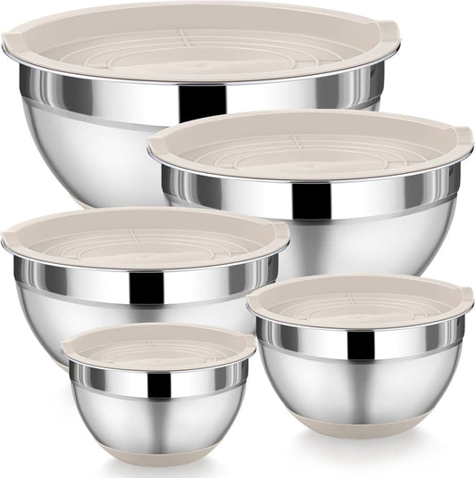 Mixing Bowls with Lids Set of 5, Stainless Steel Nesting Salad Bowl with Lid & Base for Non-Slip Mixing Prepping Storing Serving, 5 Sizes-7/3.5/2.5/1.5/1 QT, Khaki