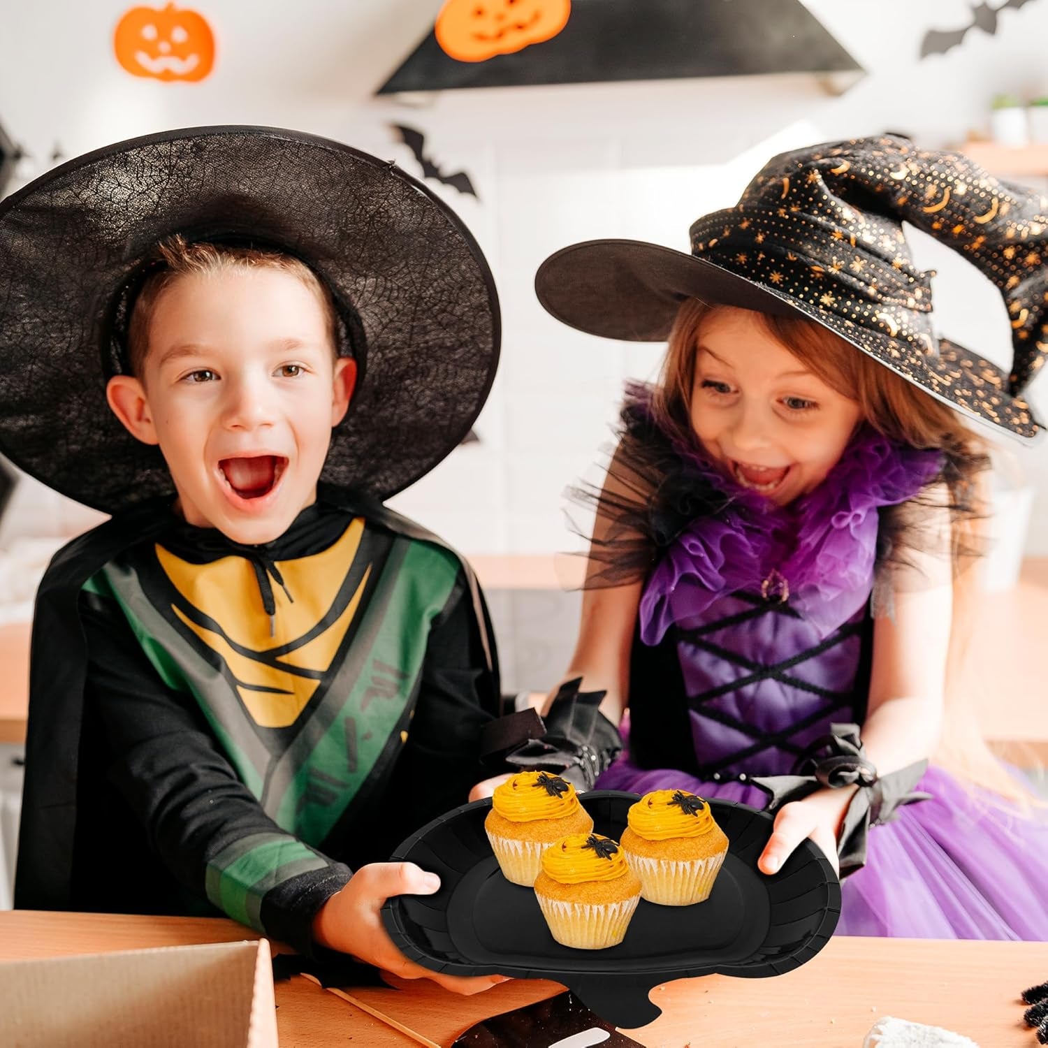 50 PCS Halloween Plates, 9.4'' X 9.6'' Pumpkin Shaped Plates, Disposable Spooky Paper Decorations, Black Ghost Party Tableware for Halloween Party Favors Spiderweb Witch Pumpkin Decor