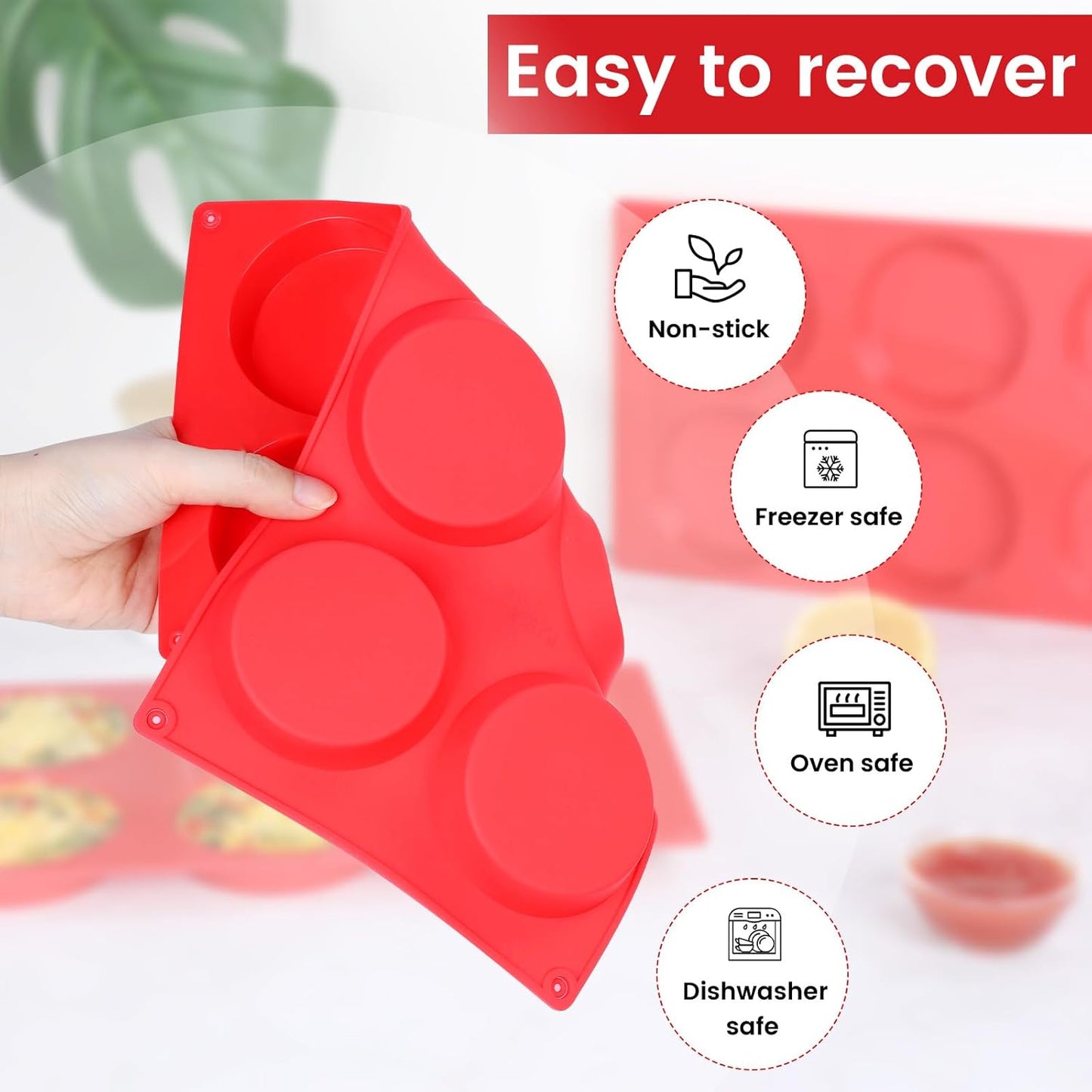 Muffin Top Pan, Silicone Egg Bite Molds for Breakfast Sandwiches, 3 Inch Egg Bite Maker, Non-Stick Silicone Mold for Oven, Whoopie Pies, Eggs Muffins, 3 Pcs-Red