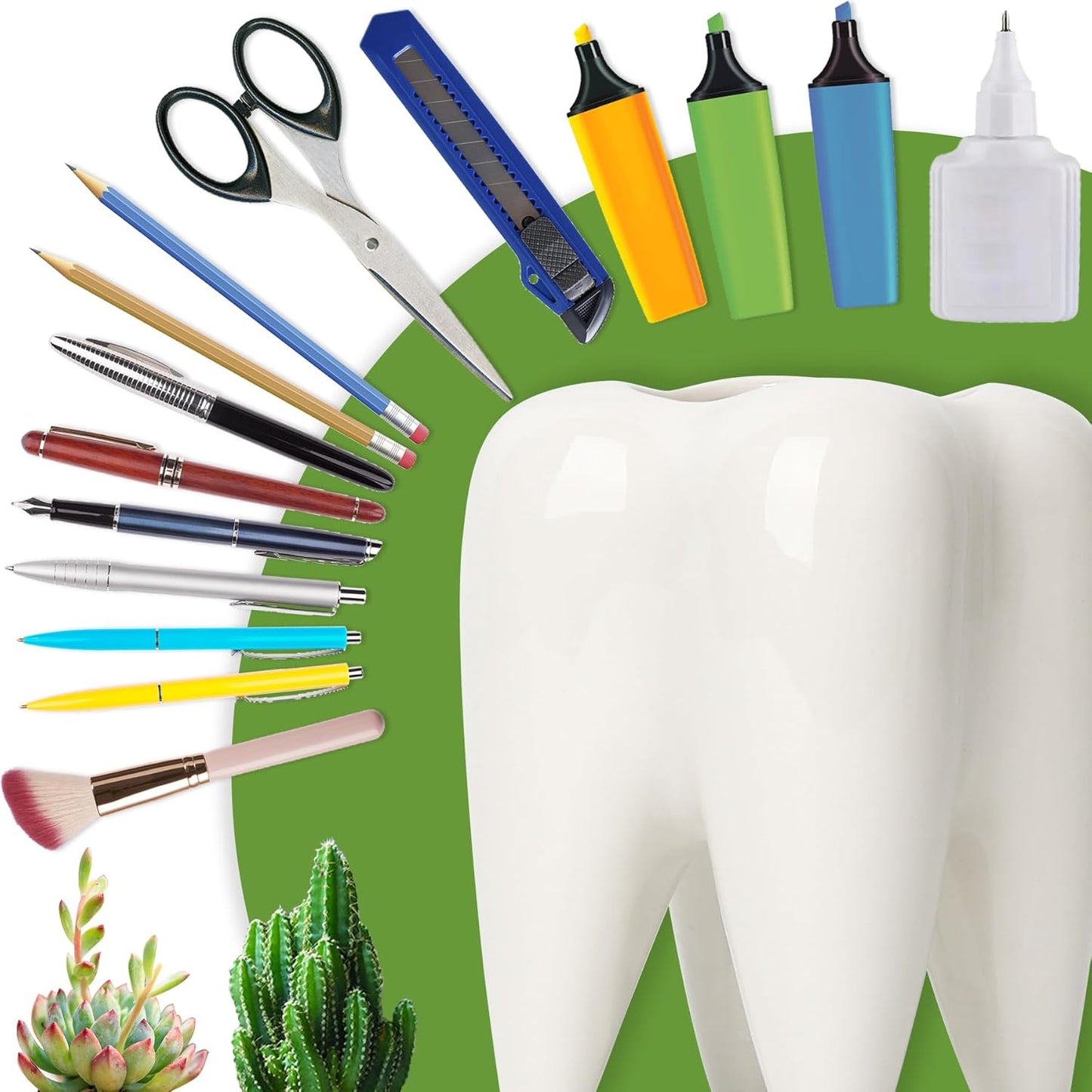 Ceramic Pen Holder, Tooth Shaped Pen Holder for Desk, Cute Pencil Pot White Accessories Desk Organizers for Office, School, Home,Pack of 1