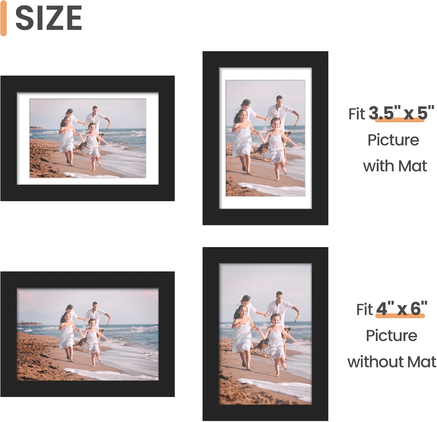 4X6 Picture Frame Set of 10, Display Pictures 3.5X5 with Mat or 4X6 Without, Multi Photo Frames Collage for Wall or Tabletop Display, Black