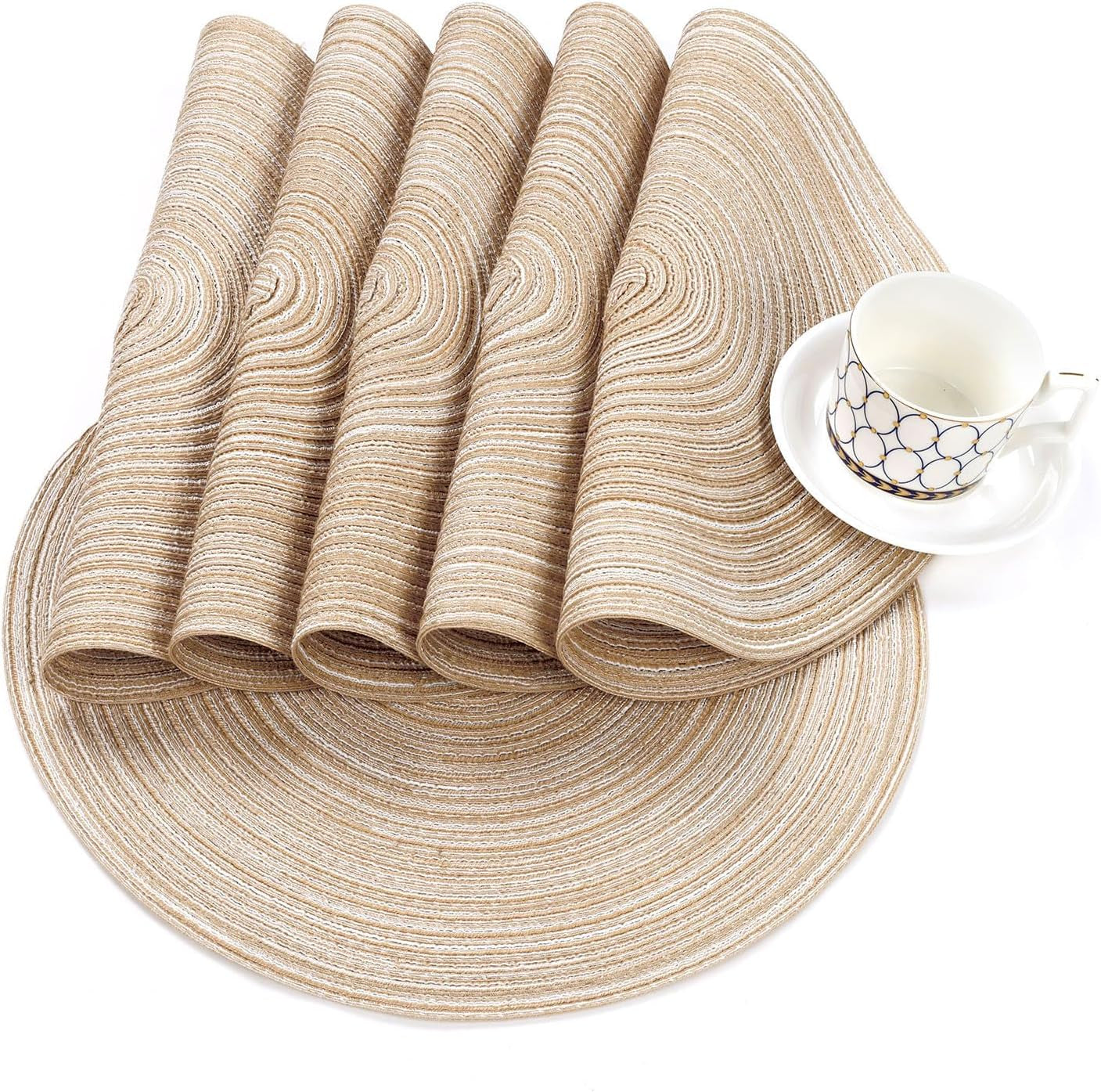 round Braided Placemats Set of 4 round Table Mats for Dining Tables 15 Inch Washable Kitchen Table Place Mats Indoor (Beige, 4)