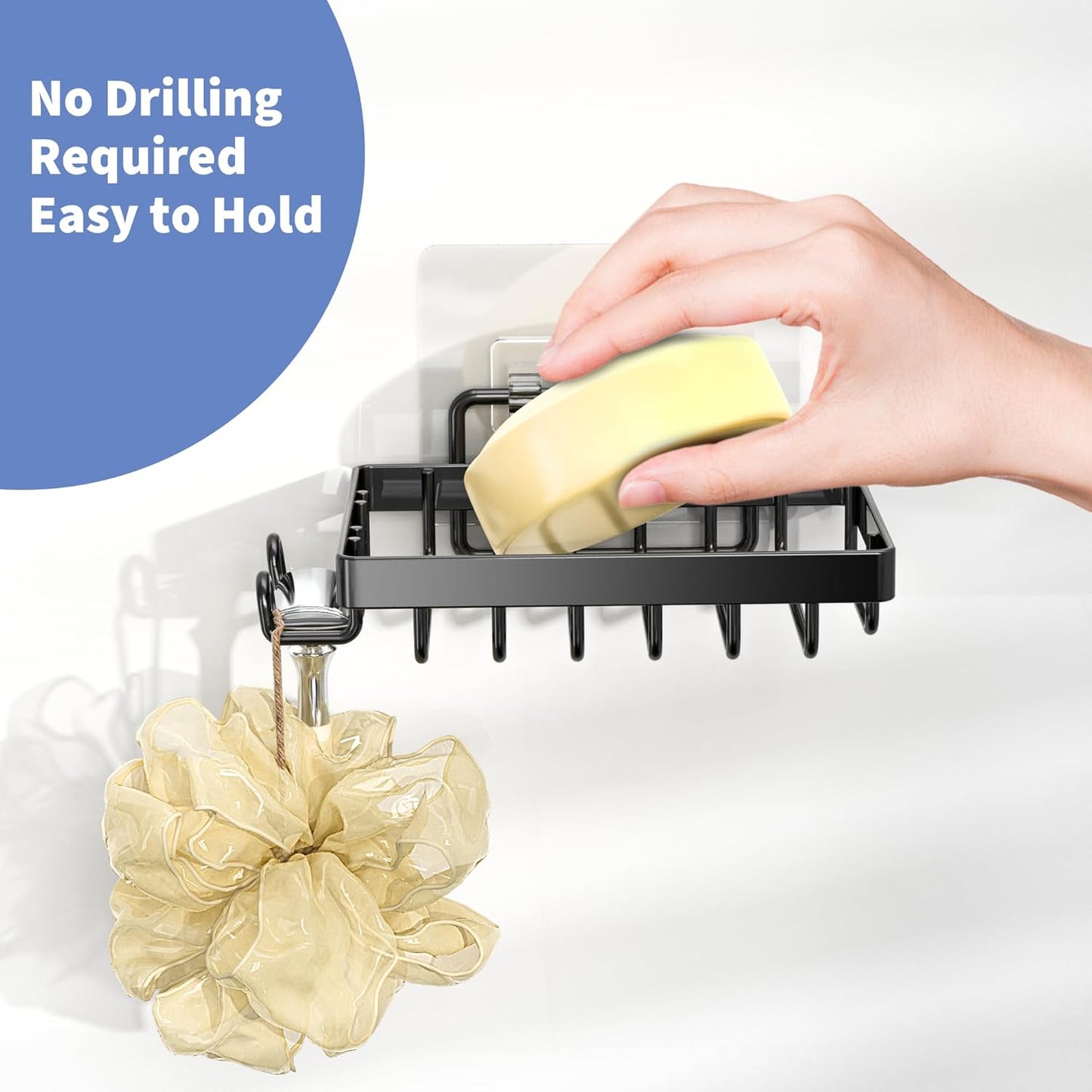 Black Soap Dish, Soap Bar Holder for Shower, No Drilling Bathroom Accessories, Wall Mounted Soap Holder with Hooks, Shower Rack Tray Bar for Suitable for Bathroom, Kitchen Sink