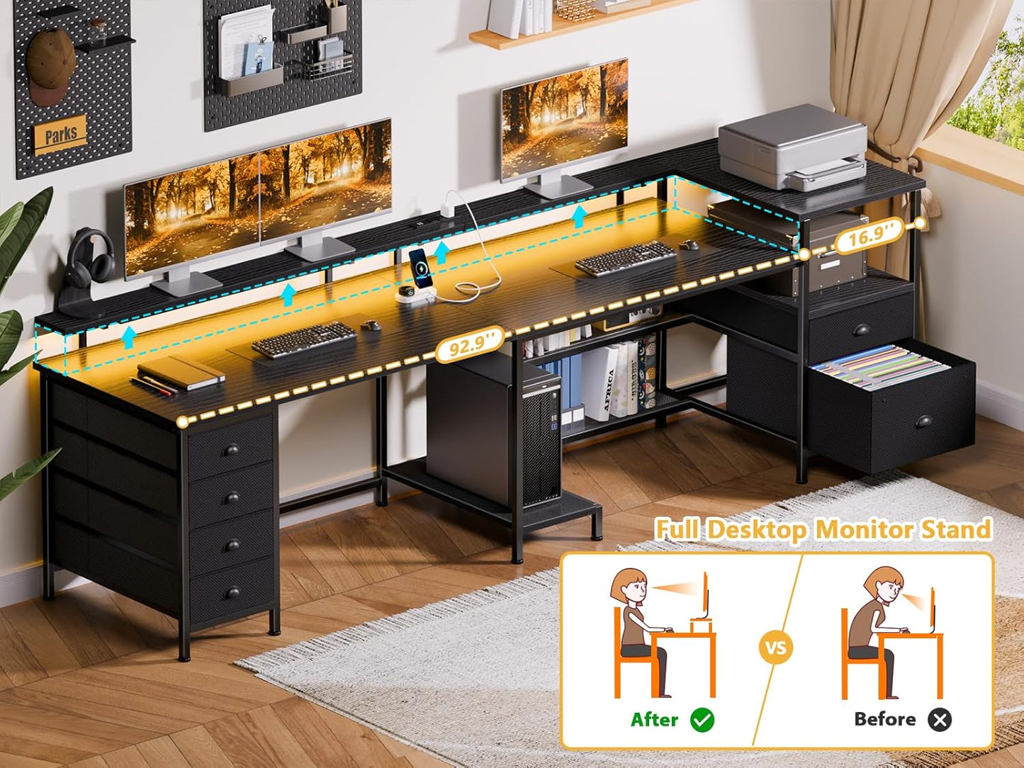 110 Inch 2 Person Desk, Long Two Person Gaming Desk with 6 Drawers & Storage Shelves, 66 Inch L-Shaped Desk with Power Outlets, LED Lights, Corner Table for Home Office, Black