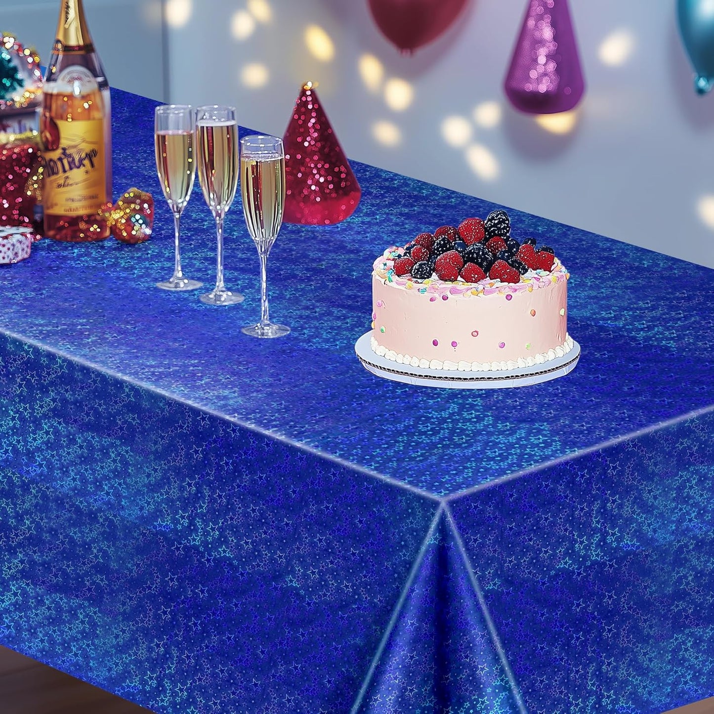 Set of 2 Royal Blue Holographic Laser Tablecloths with Sparkling Star Design, 54 x 72 Disposable Shiny Table Covers for Birthday Parties, Weddings, Anniversaries, and Bachelorette Celebrations