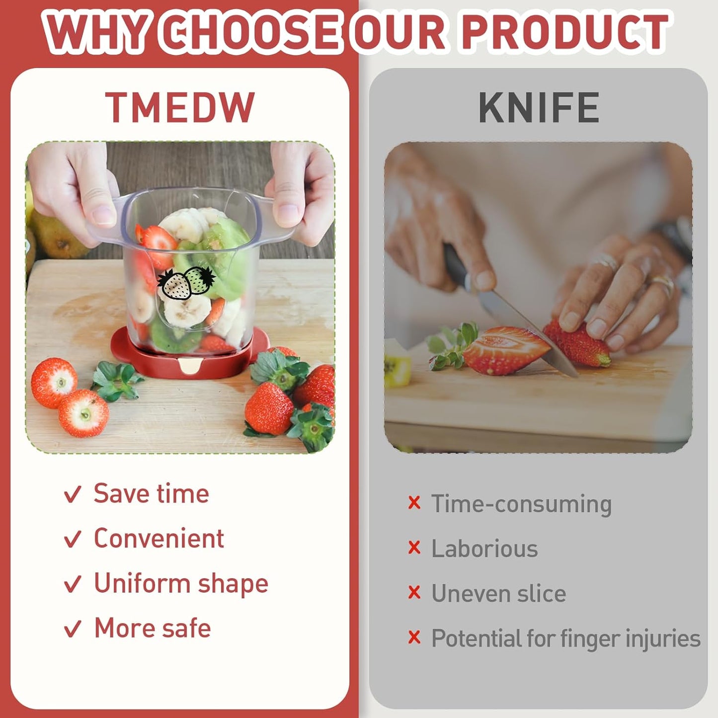 Upgrade Fruit Slicer, Multifunctional Strawberry Slicer with Cleaning Brush, Cup Slicers for Fruits and Vegetables (Red)