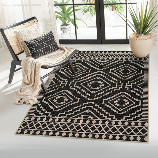 Moroccan Easy Jute Carpet, 3X5 Indoor Outdoor Entryway Patio Rug 3X5 Farmhouse Black Washable Living Room Rug, Non Slip Indoor Outdoor Carpet for Patio Courtyard Deck