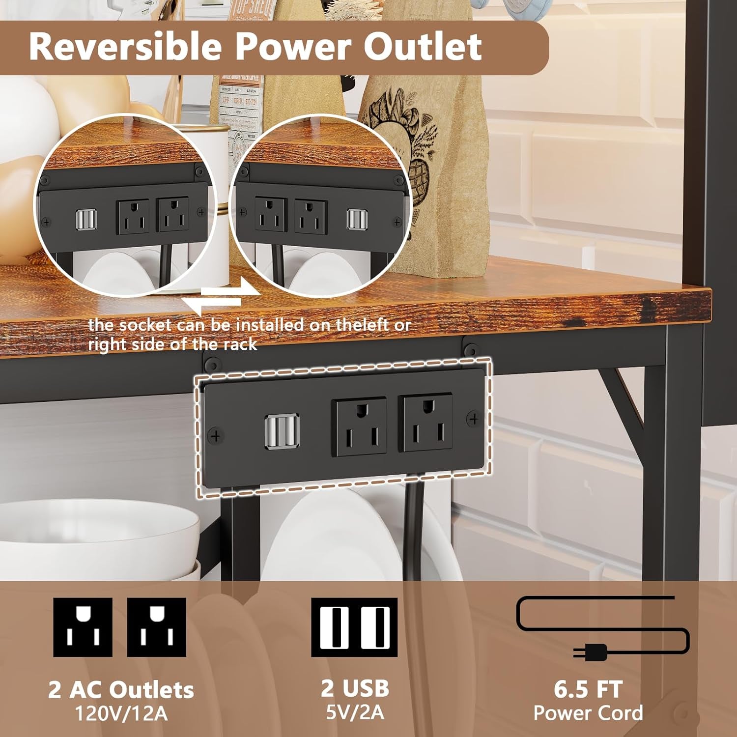 Bakers Rack with Power Outlet and LED Light, Small Microwave Stand with 4 Tier Shelves, Coffee Bar Station Table with 6 S Hooks, Kitchen Storage Rack for Spices, Pots, Rustic Brown