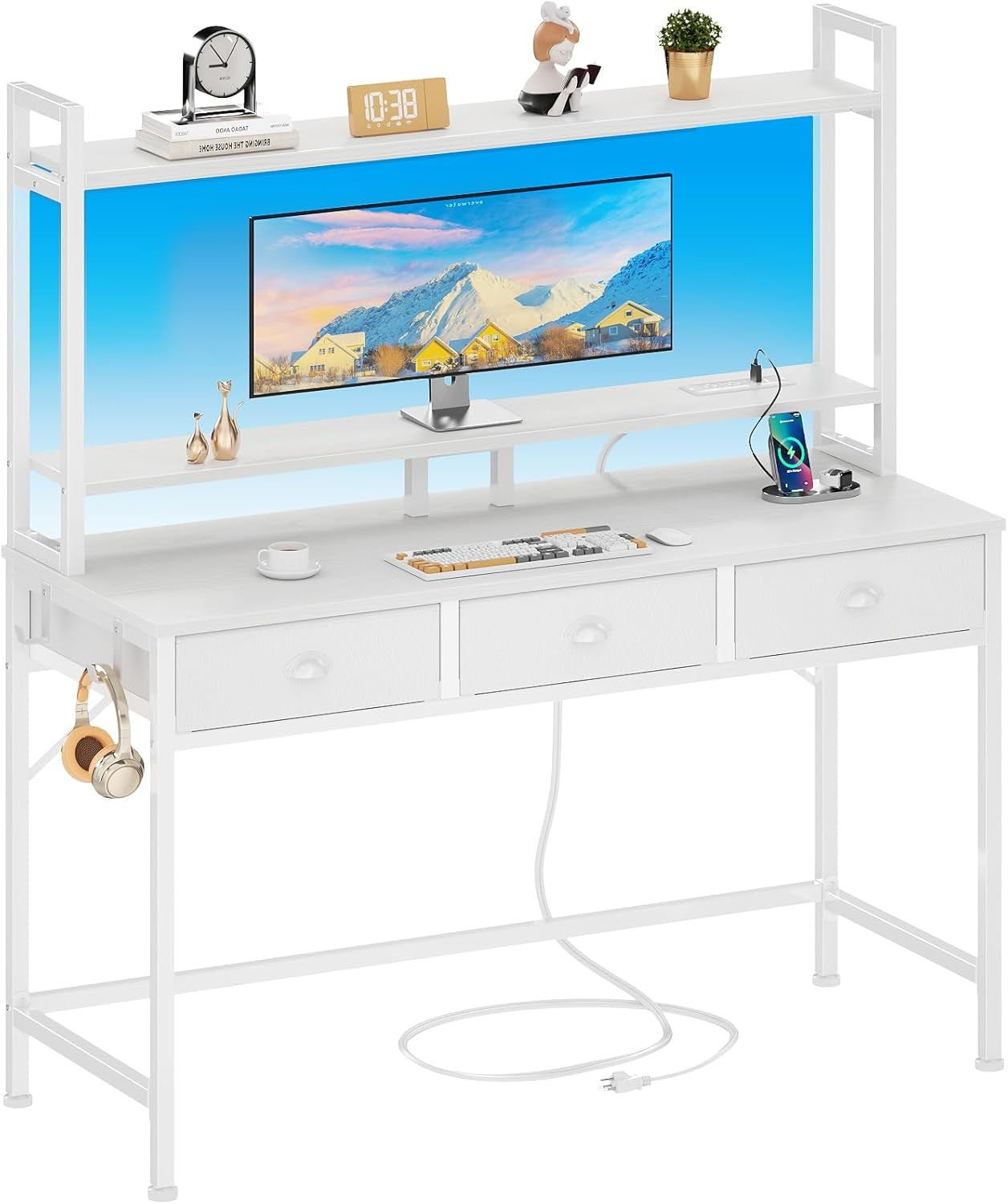 47'' White Computer Desk with 3 Drawers Hutch, LED Lights, Home Office Desks, Gaming Table with Monitor Stand, 2AC Power Outlets and 2 USB Ports, Modern Work Study Table for Bedroom