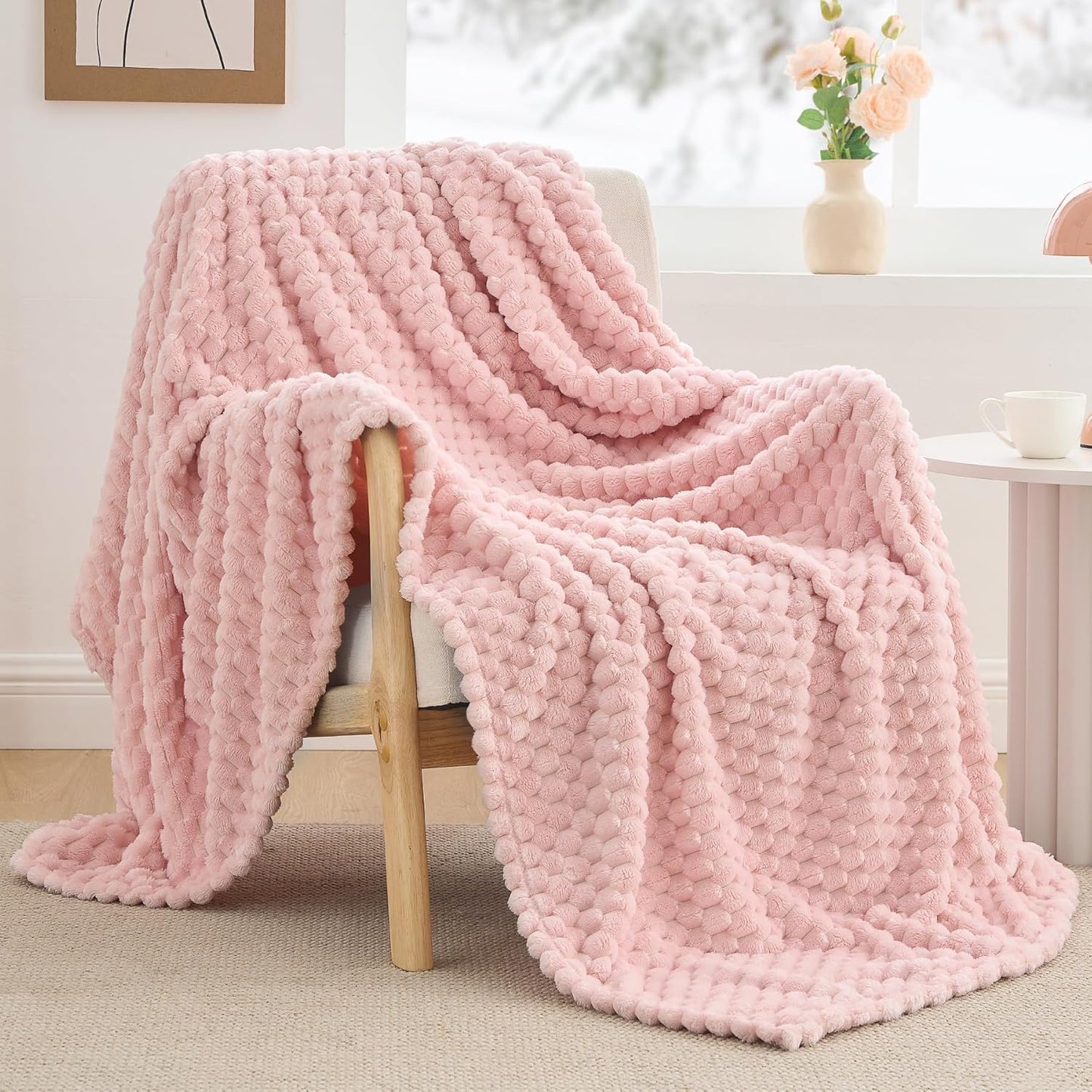 Fleece Decorative Blanket - 3D Jacquard Pink Throw Blankets for Women'S Couch & Bed, Soft and Cozy Warm Plush Fluffy Blanket, Cute Birthday Gift for Women, 50X60 Inches