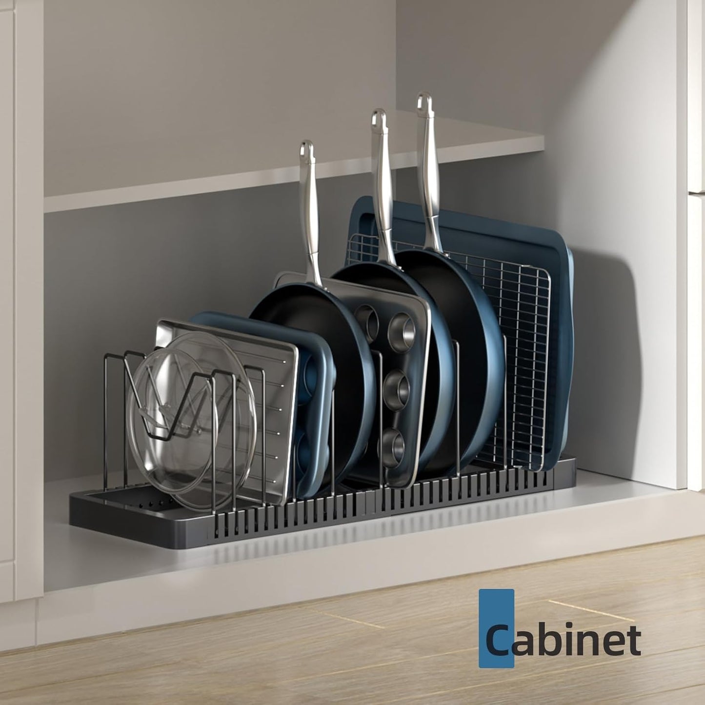 Pots and Pans Organizer Rack for Cabinet, Expandable Pot Lid Organizer Holder with 10 Adjustable Compartment, Kitchen Cabinet Organizer for Lids & Bakeware - Pantry & Countertop Storage Rack