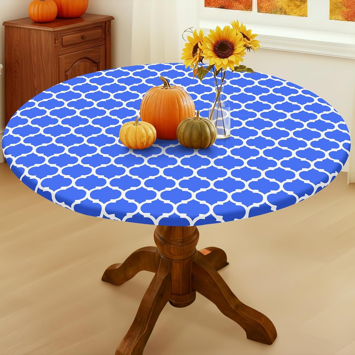 round Picnic Tablecloth, Waterproof Elastic Fitted Table Covers for 36" - 44" Tables, Wipeable Flannel Backed Vinyl Tablecloths for Camping, Indoor, Outdoor, Blue & White