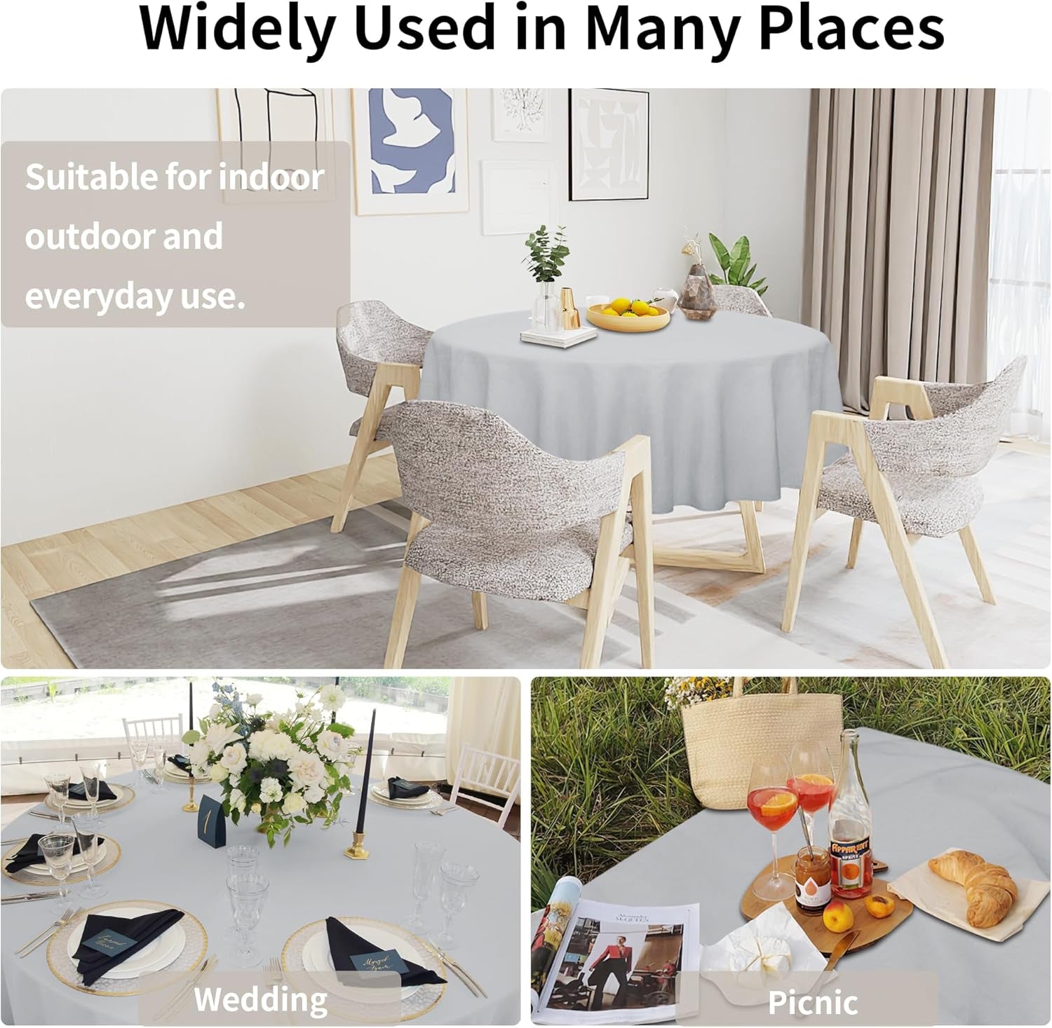 Faux Linen Waterproof Spill-Proof Tablecloth Stain Resistant round Table Cloth Wrinkle Free Decorative Fabric for Kitchen, Dining, Party, Weddings, Restaurants (70 In-Round, Grey)