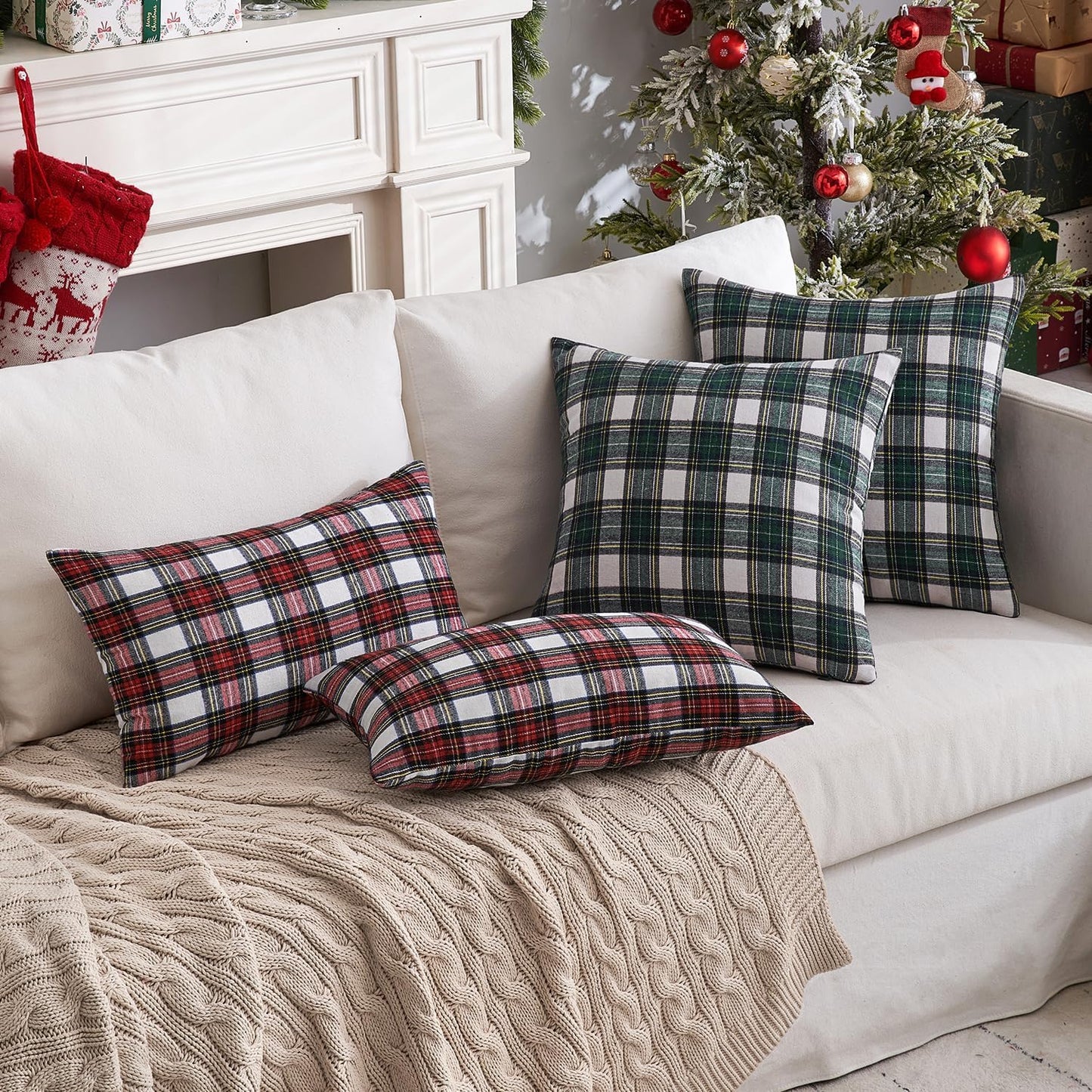 Christmas Set of 2 Scottish Tartan Plaid Throw Pillow Covers Farmhouse Classic Decorative Outdoor Square Cushion Cases for Decor Sofa Couch 18X18 Inch, Green and White