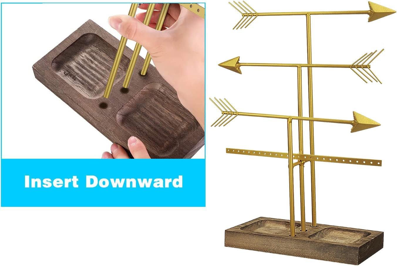 Arrow Jewelry Organizer Stand 4-Tier Gold Jewelry Stand Necklace Organizer with Wooden Ring Holder for Jewelry Display Bracelet Holder Stand Earring Organizer for Girls - Gold