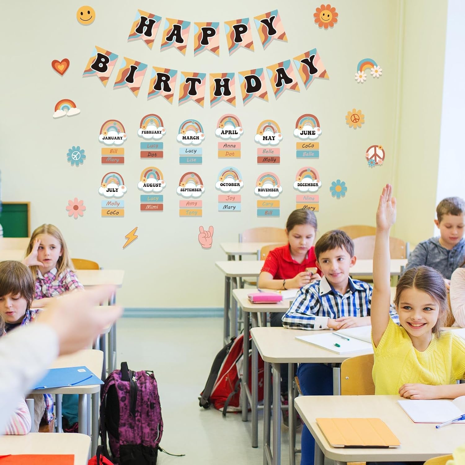 85Pcs Retro Classroom Happy Birthday Buletin Boards Set, Groovy Rainbow Theme Chart Calendar Posters with Glue Point for Kindergarten Prechool Wall Decorations