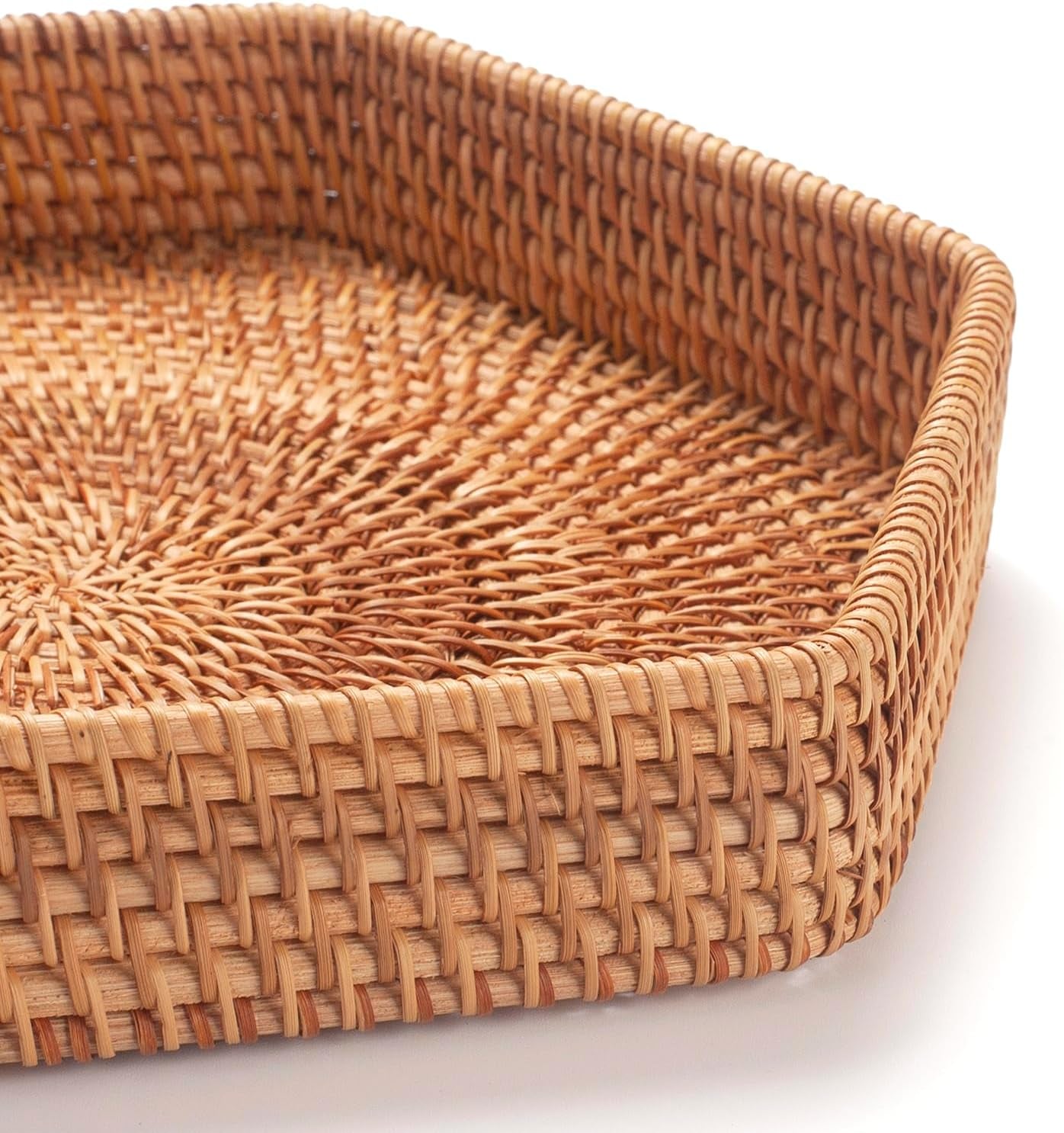 Hexagon Rattan Serving Tray for Coffee Table Woven Decorative Basket Trays for Ottoman Natural (9.8Inch X 2Inch)