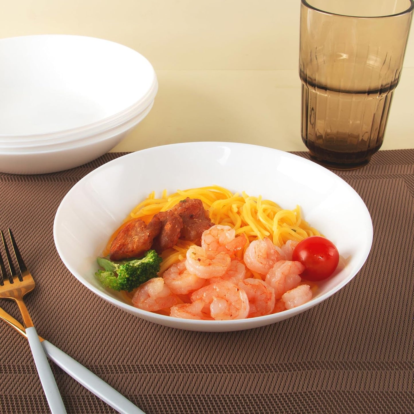 Set of 4 Tempered Glass Pasta and Salad Bowls, 7.8-Inch Round Serving Bowls, Microwave and Dishwasher Safe