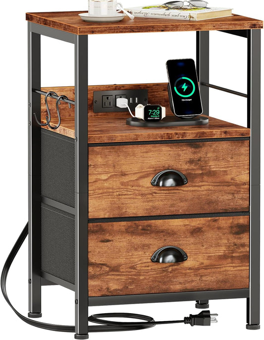 End Table with Charging Station, Nightstand with Fabric Drawers, Side Table with USB Ports & Outlets, Night Stand with Storage Shelf & Hooks, for Living Room/Bedroom, Rustic Brown