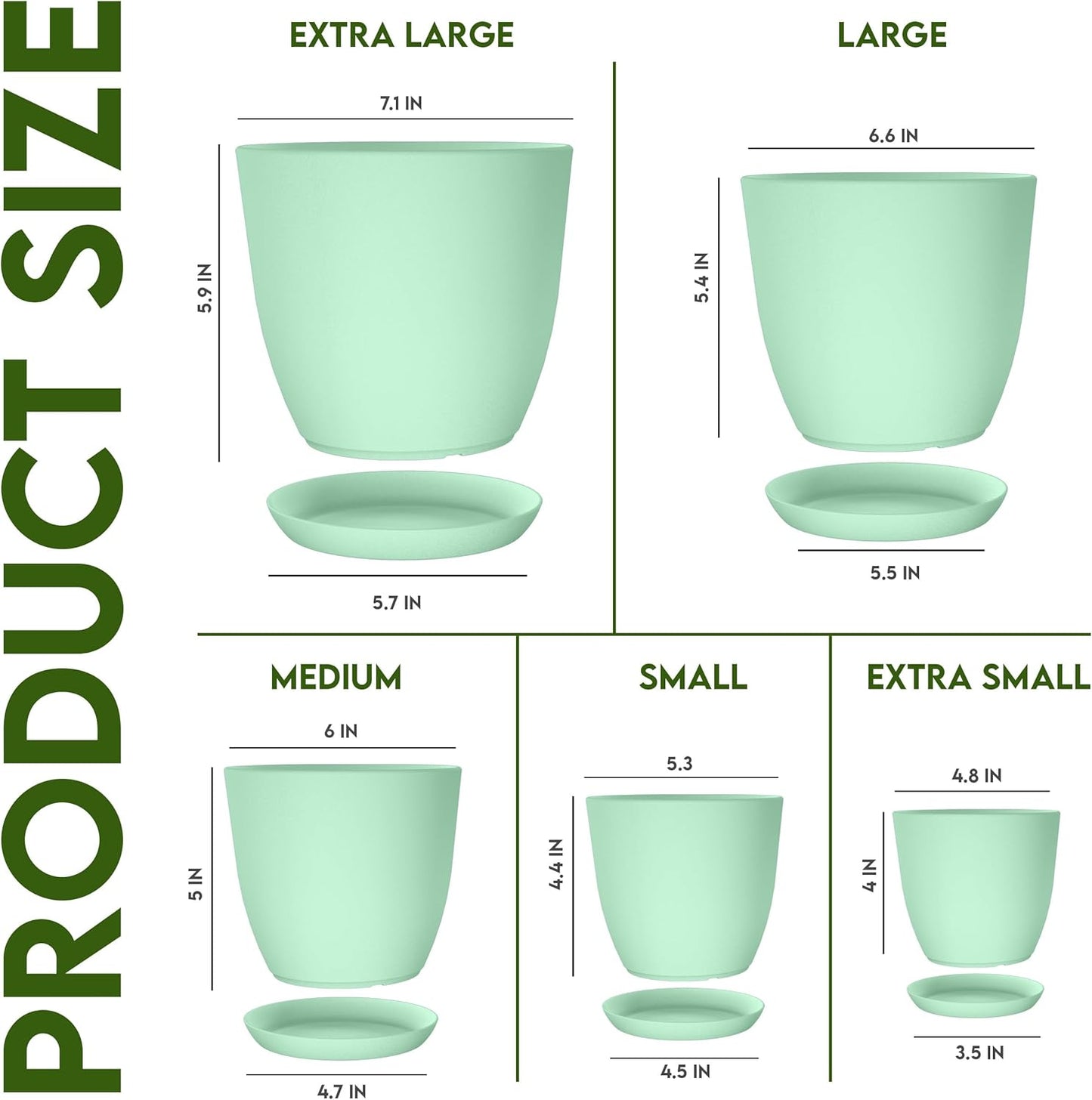 - Plant Pots Indoor with Drainage - 7/6.6/6/5.3/4.8 Inches Home Decor Flower Pots for Indoor Planter - Pack of 5 Plastic Planters for Indoor Plants, Cactus, Succulents Pot - Mint