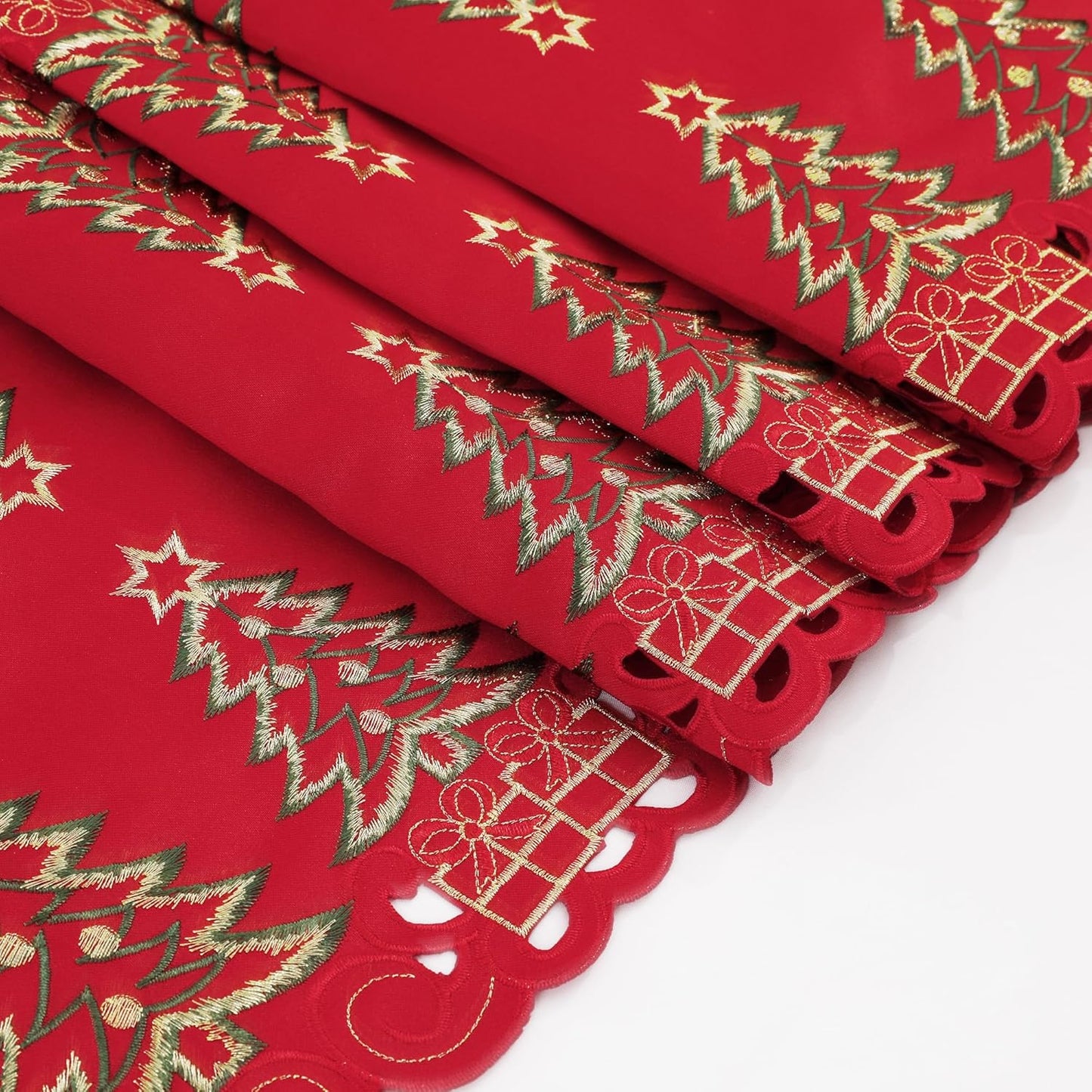 Red Christmas Table Runner 13X36 Inches Long, Embroidered Cutwork Christmas Table Runner with Green Christmas Tree and Gifts, Xmas Tree Dresser Scarf Winter Holiday Parties Kitchen Dinner