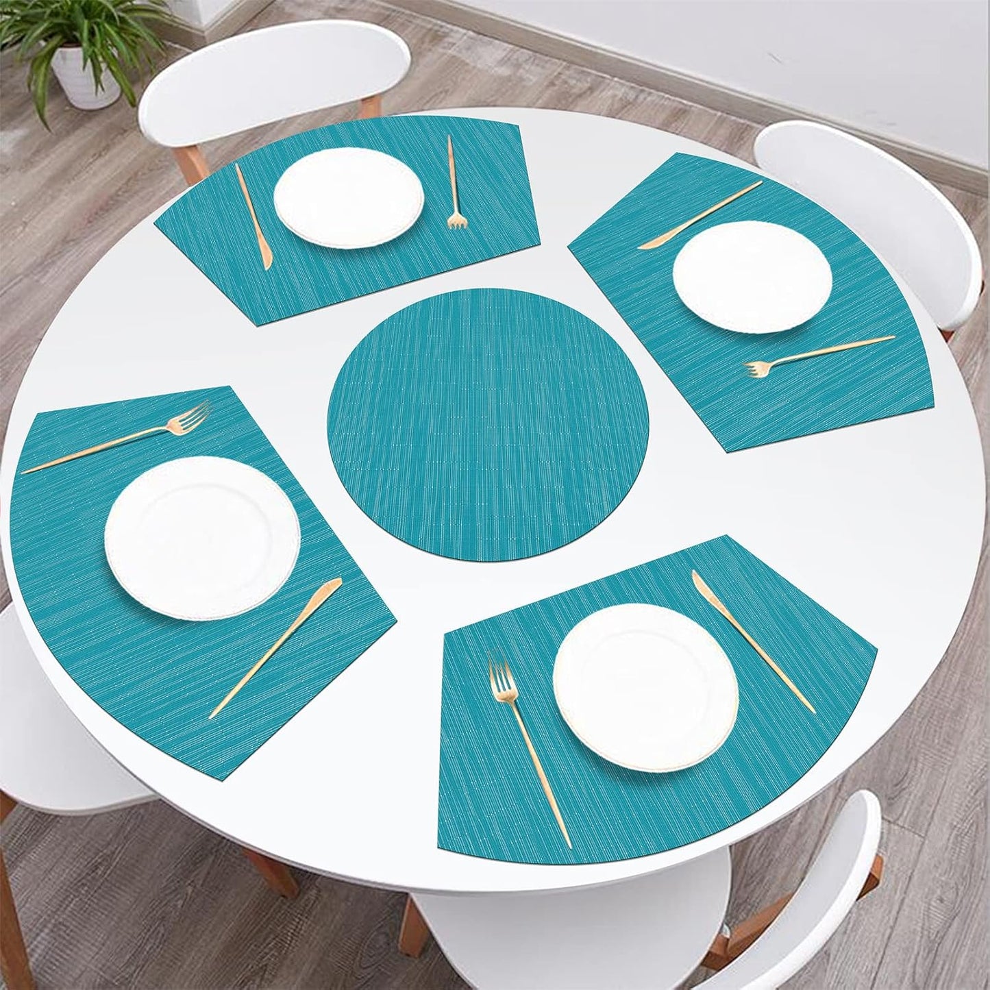 Large Size Wedge Placemats with Centerpiece Set of 5, PVC Woven Vinyl Place Mats for round Table Washable Indoor Outdoor Table Placemats, Blue