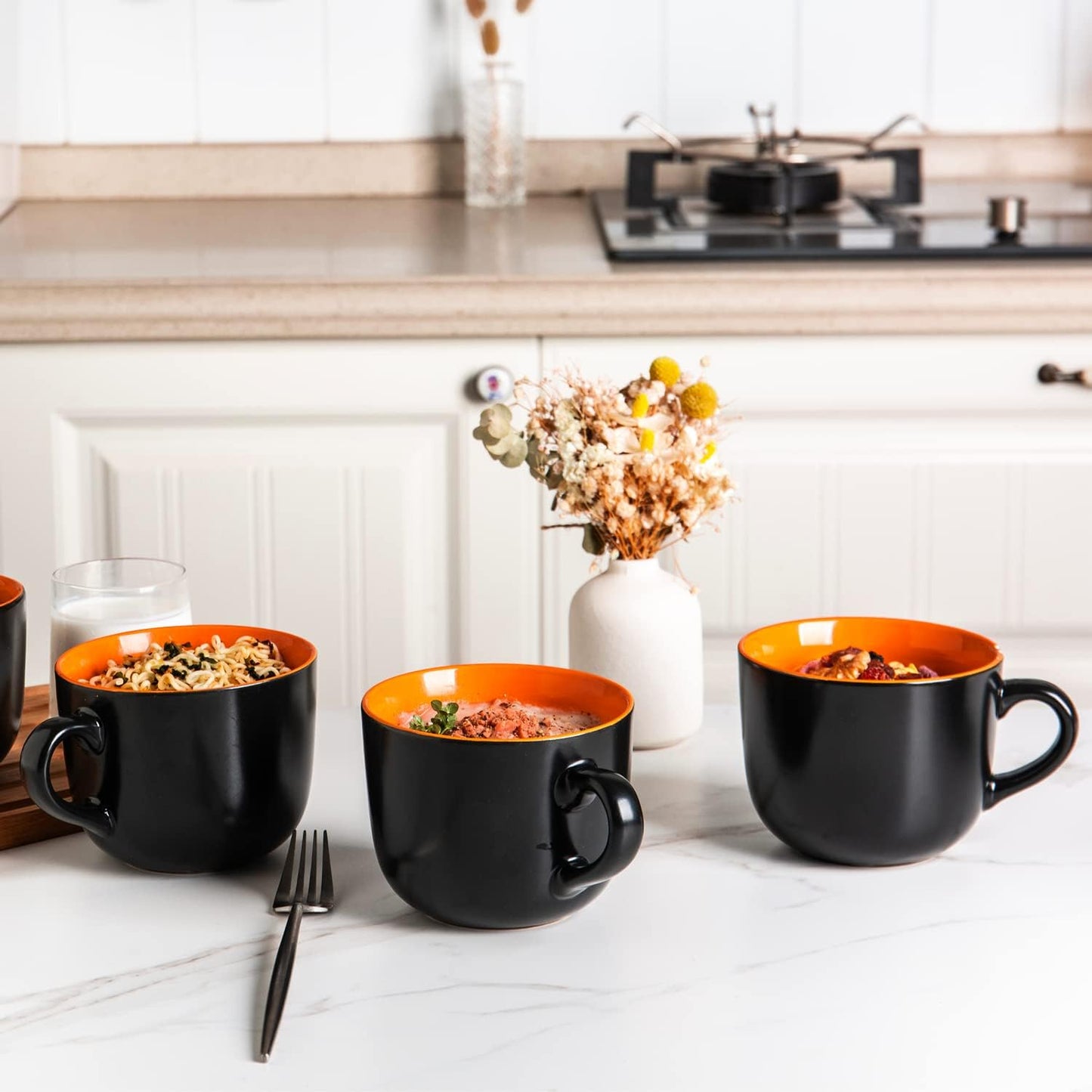 Set of 4 Jumbo Ceramic Soup Mugs with Handles, 24 Oz - Versatile Microwave and Dishwasher Safe Bowls for Coffee, Cereal, Snacks, Salad, and Noodles - Orange Interior