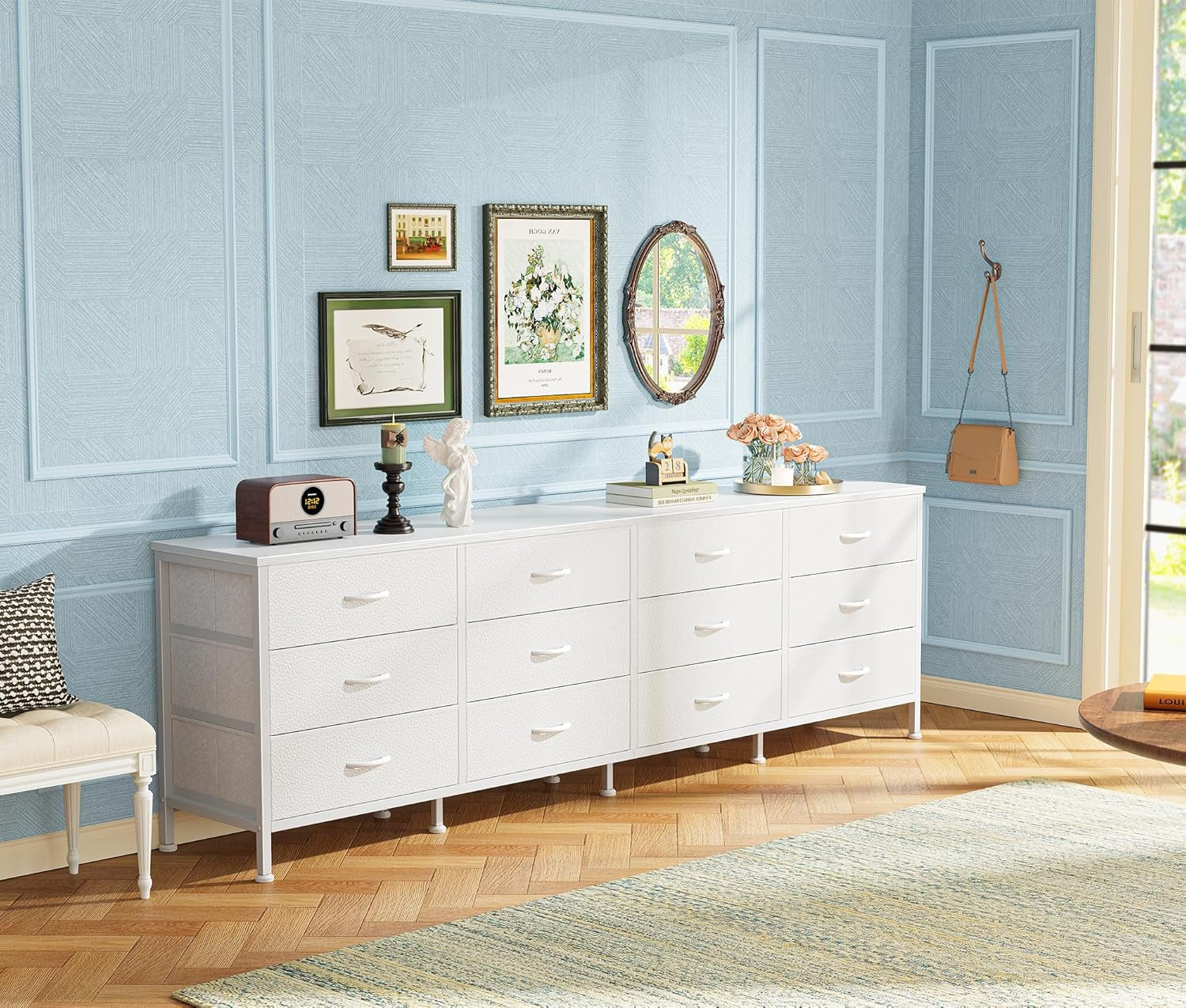 70-Inch Bedroom Dresser and TV Stand for 65-80 Inch TVs, Featuring 12 Fabric Drawers and Ample Storage, Ideal for Living Room, White Finish