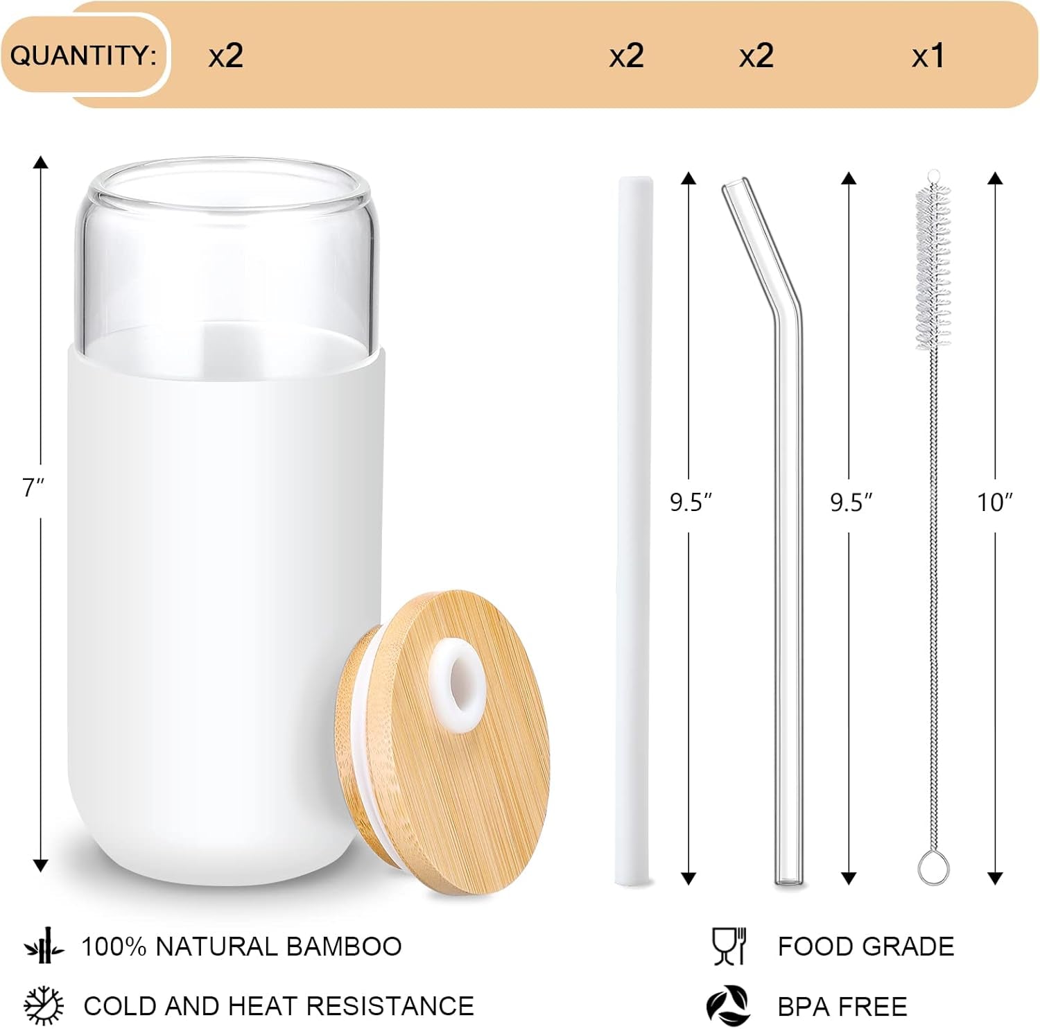 20 OZ Glass Cups with Bamboo Lids and Straws - Drinking Glasses with Silicone Protective Sleeve Set, Iced Coffee Glasses, Cute Tumbler Cup for Water, Smoothie, Boba Tea, Gift - 2 Pack
