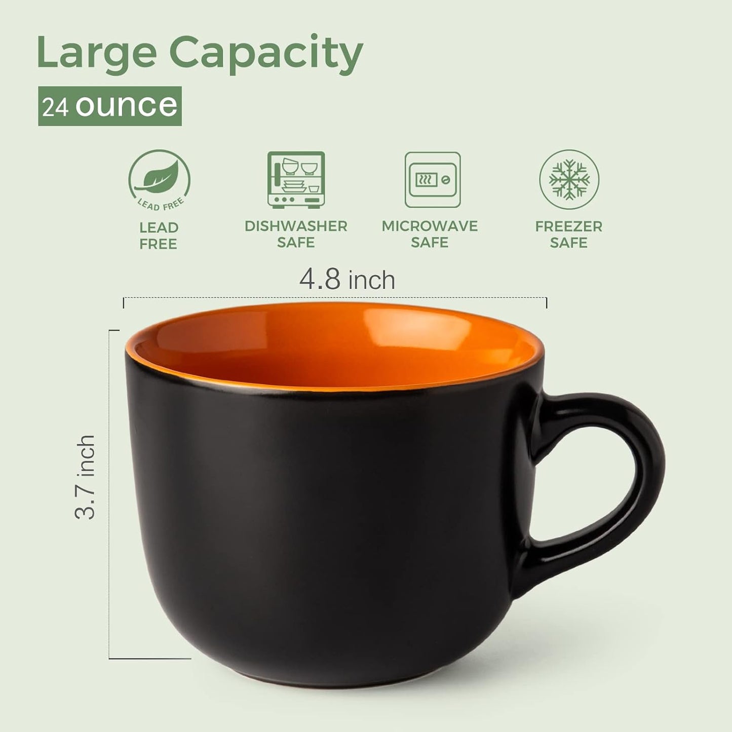 Set of 4 Jumbo Ceramic Soup Mugs with Handles, 24 Oz - Versatile Microwave and Dishwasher Safe Bowls for Coffee, Cereal, Snacks, Salad, and Noodles - Orange Interior