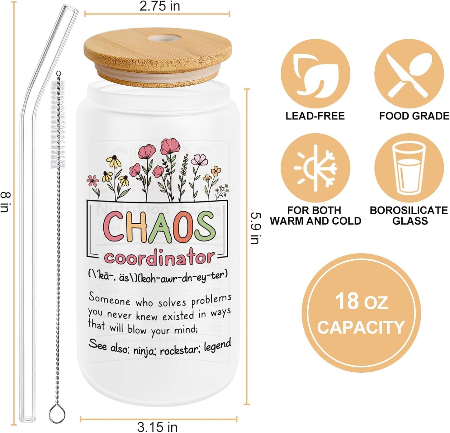 Thank You Gifts for Chaos Coordinator, Boss Lady Gifts for Women, Teacher Appreciation Gifts, Inspiration Work Gifts for Coworkers, Employees, Manager, Nurse on Birthday Christmas - 18 Oz Can Glass