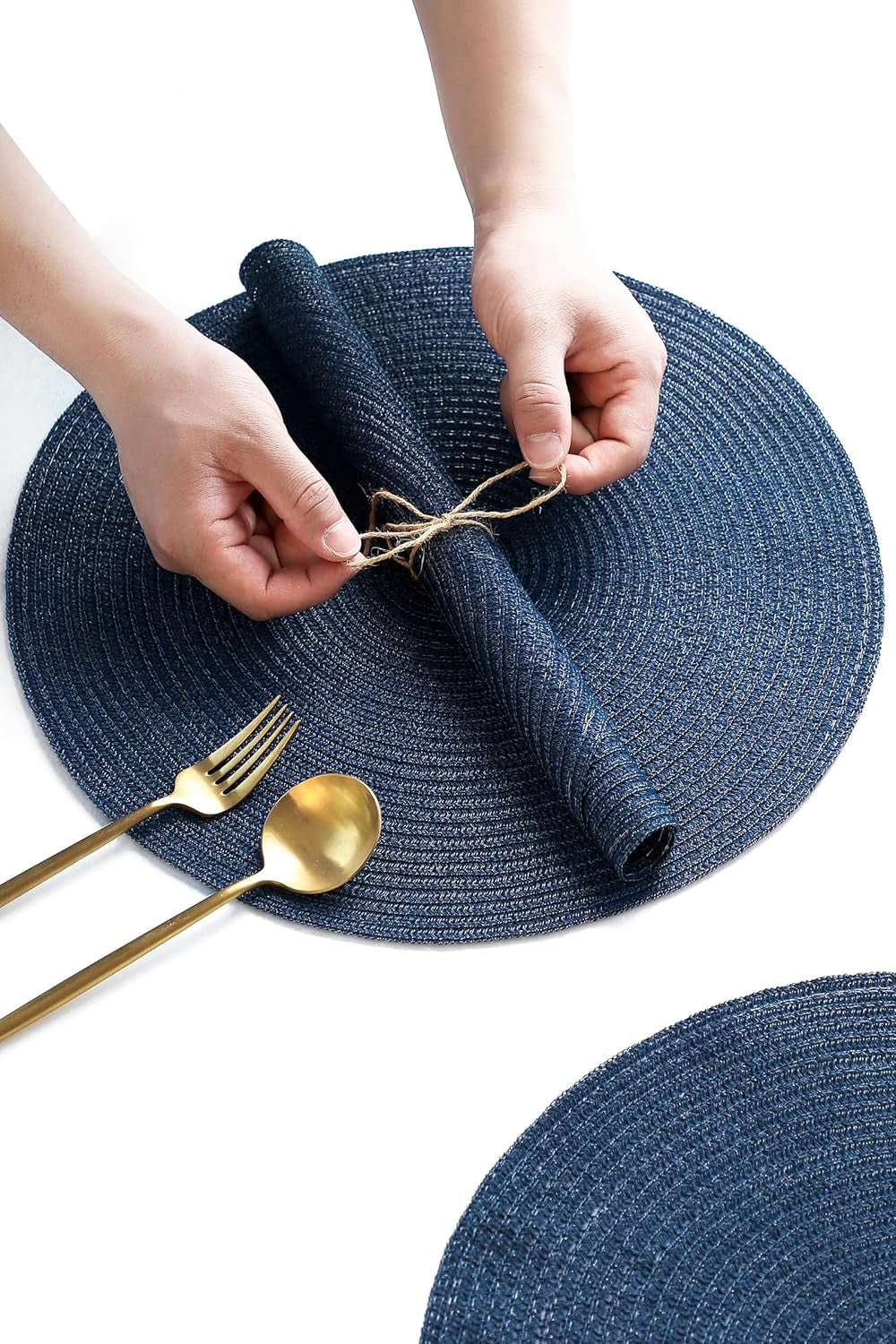 15-Inch Round Braided Placemats Set of 4, Washable Heat-Resistant Cotton-Polyester Circle Place Mats for Kitchen Dining Table - Navy Blue
