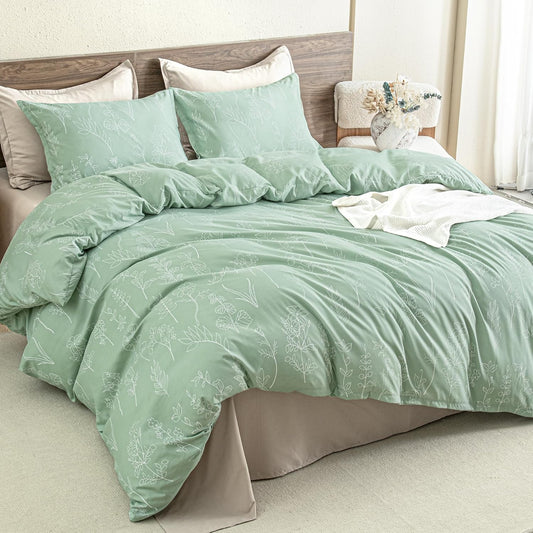 Queen Comforter Set Sage Green, 3 Pieces Floral Lightweight Bedding Comforter Sets, Gift Choice Cute Flowers Botanical Soft Blanket (1 Comforter, 2 Pillowcases)