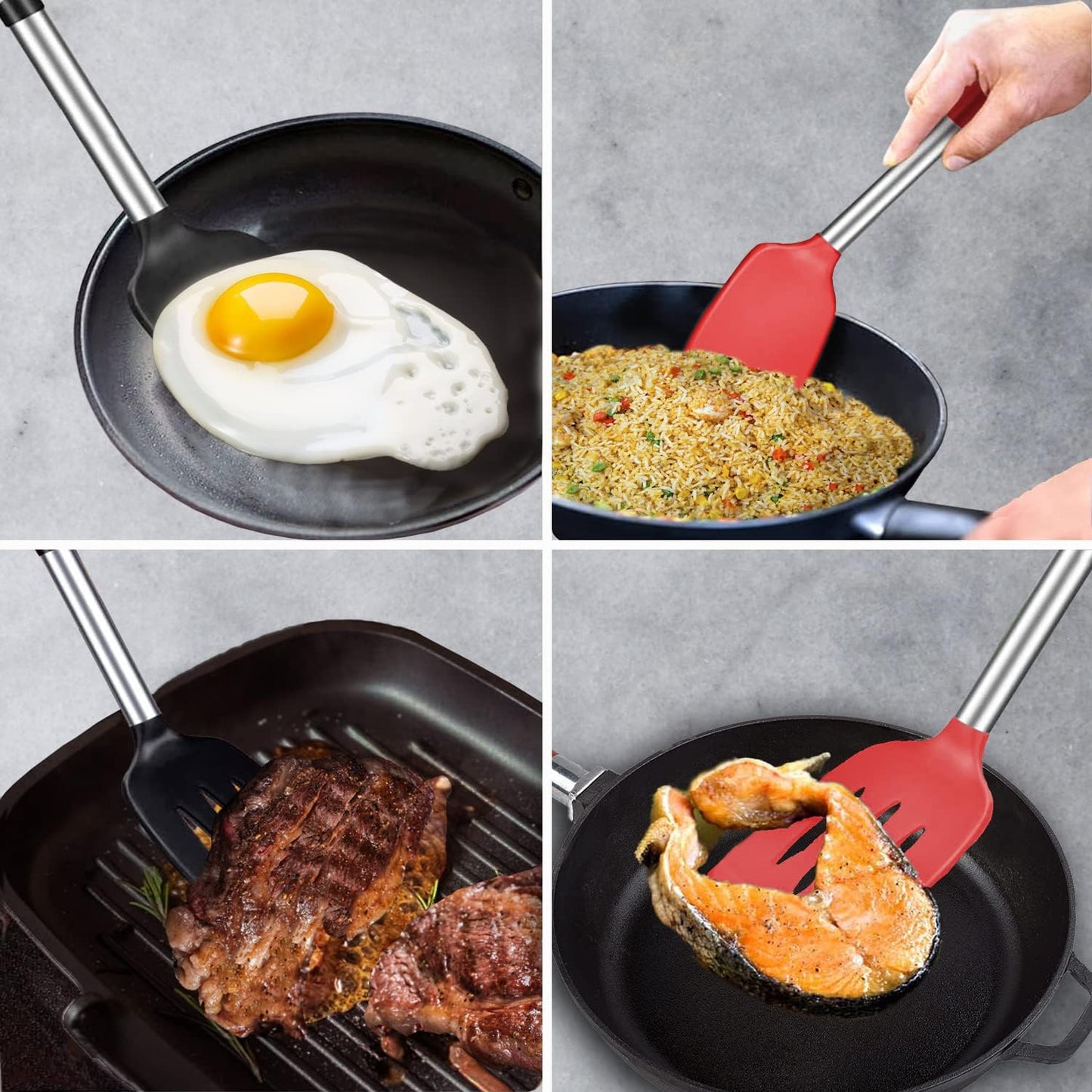 Silicone Spatula and Cooking Spoon,5 Pack Non-Stick Cooking Utensils for Kitchen,Heat Resistant Solid & Slotted Spoons and Spatulas, Stainless Steel Handle Coated with Silicone,Black