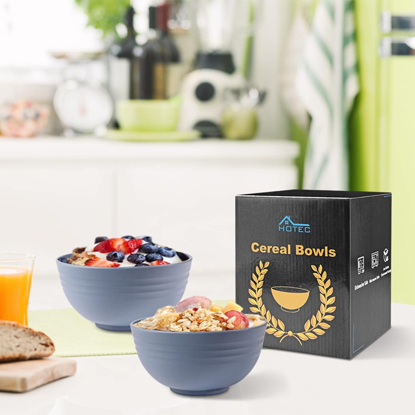 BPA Free Unbreakable Wheat Straw Cereal Bowls - Microwave & Dishwasher Safe Soup and Salad Bowls, Set of 8, 26Oz, Classic Blue