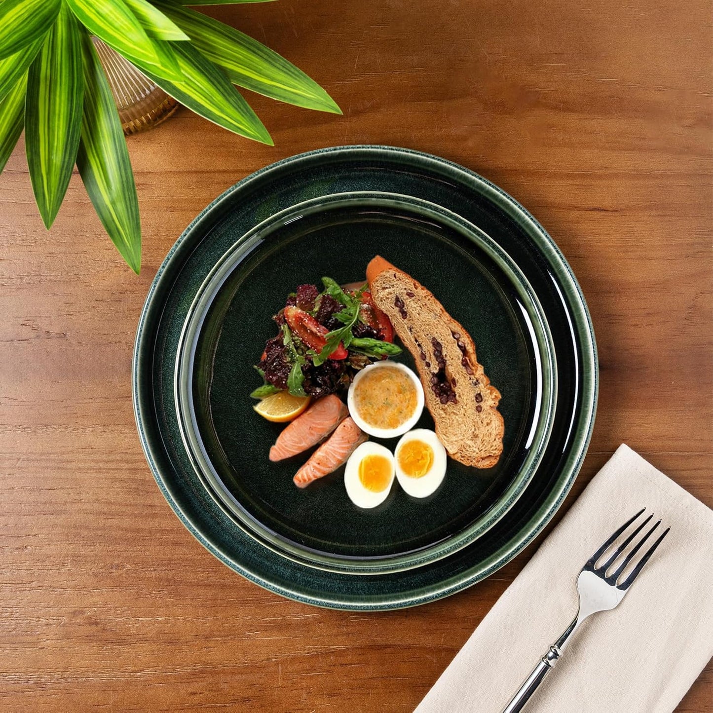 Ceramic Dinnerware Set for Six - 18-Piece Stoneware Plate and Bowl Collection with Reactive Glaze Finish, Scratch Resistant, Dishwasher and Microwave Safe, Earth Green