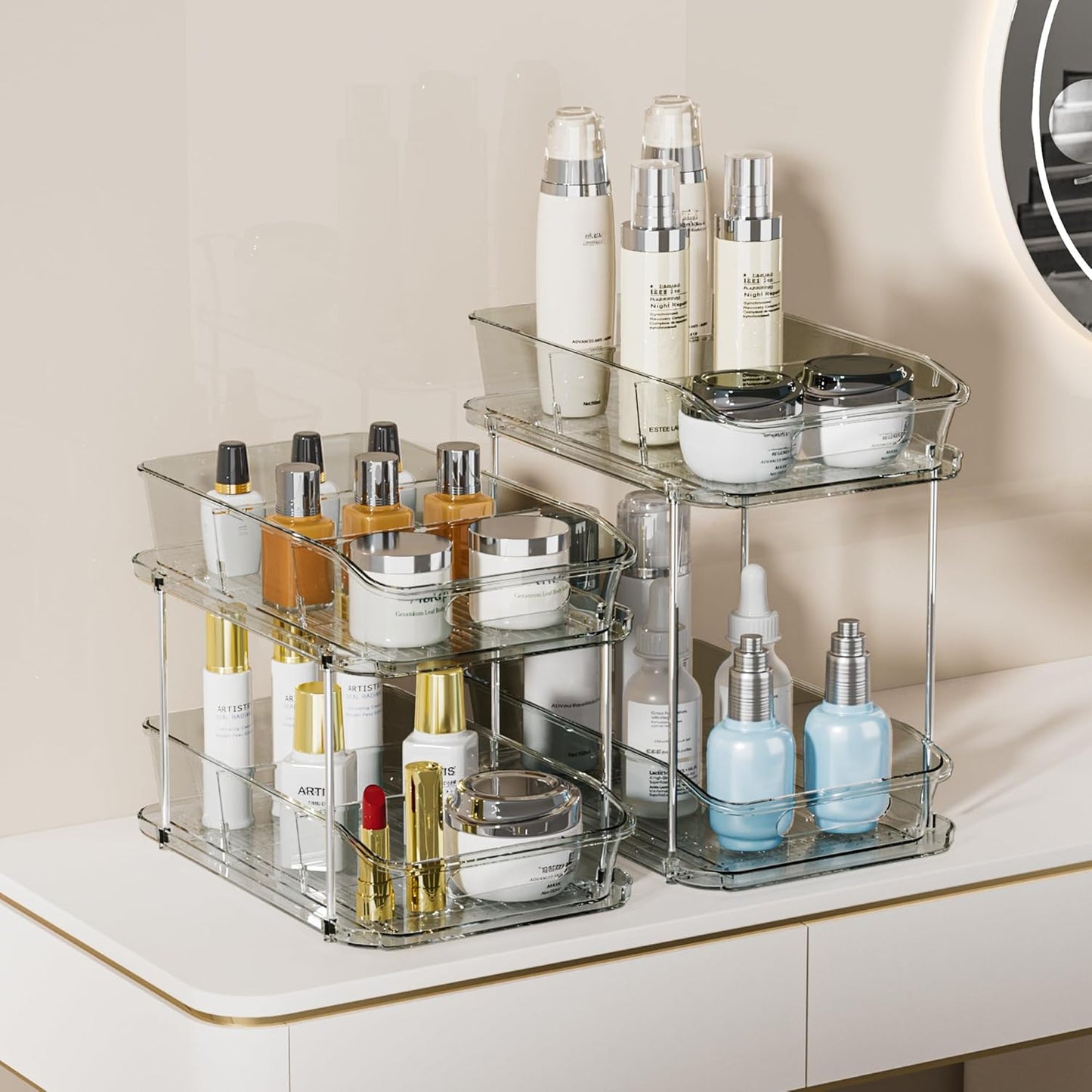 2 Sets of 2-Tier Clear under Sink Organizers and Storage, Multi-Purpose Stackable Bathroom Cabinet Organizers, Grey