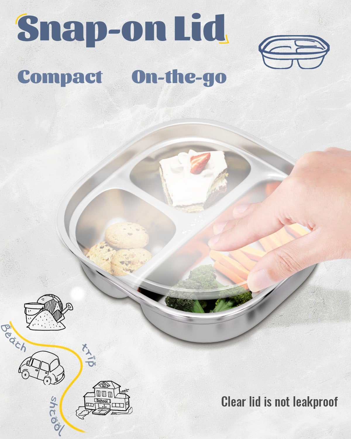 Stainless Steel Kids Plates, Divided Toddler Plate with Lids, 4 Pack 3 Sections Metal Snack Plate Tray, Non Toxic & BPA Free