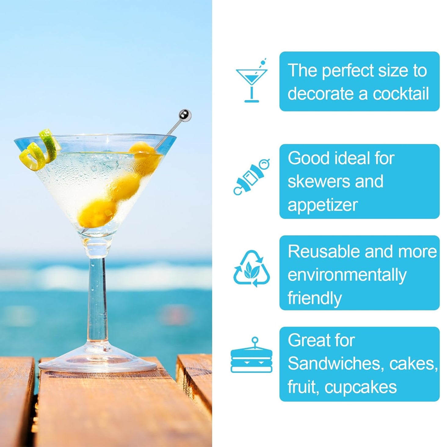 30 Pcs Cocktail Picks, Appetizer Skewers Stainless Steel, Cocktail Skewers Cleanable and Reusable, Toothpicks for Food and Drinks, Bar Party, Barbeque Snacks, Sandwiches, and Fruit (4.2Inch)