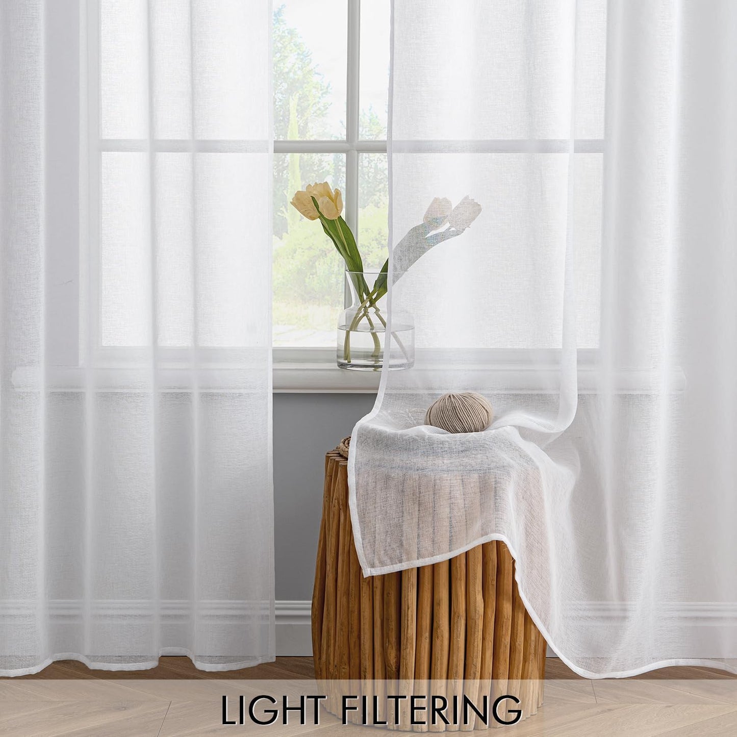 White Sheer Curtains Linen Textured 45 Inches Long 2 Panels for Bedroom Kitchen, Semi Transparent Farmhouse Rod Pocket Light Filtering Voile Window Drapes, W 42 X L 45 Inch Length