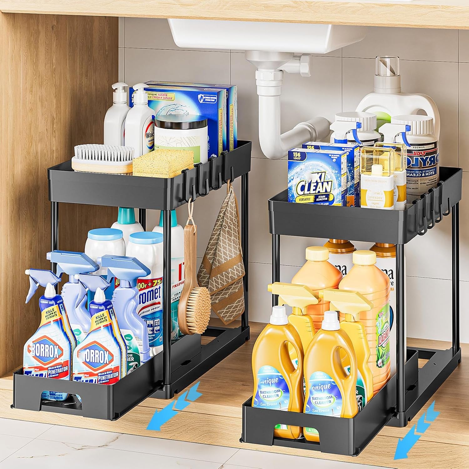 2 Pack under Sink Organizers and Storage, 2 Tier Pull Out under Cabinet Organizer, Black under Sink Storage for Bathroom Kitchen, under Counter Storage Organizer with 8 Hooks
