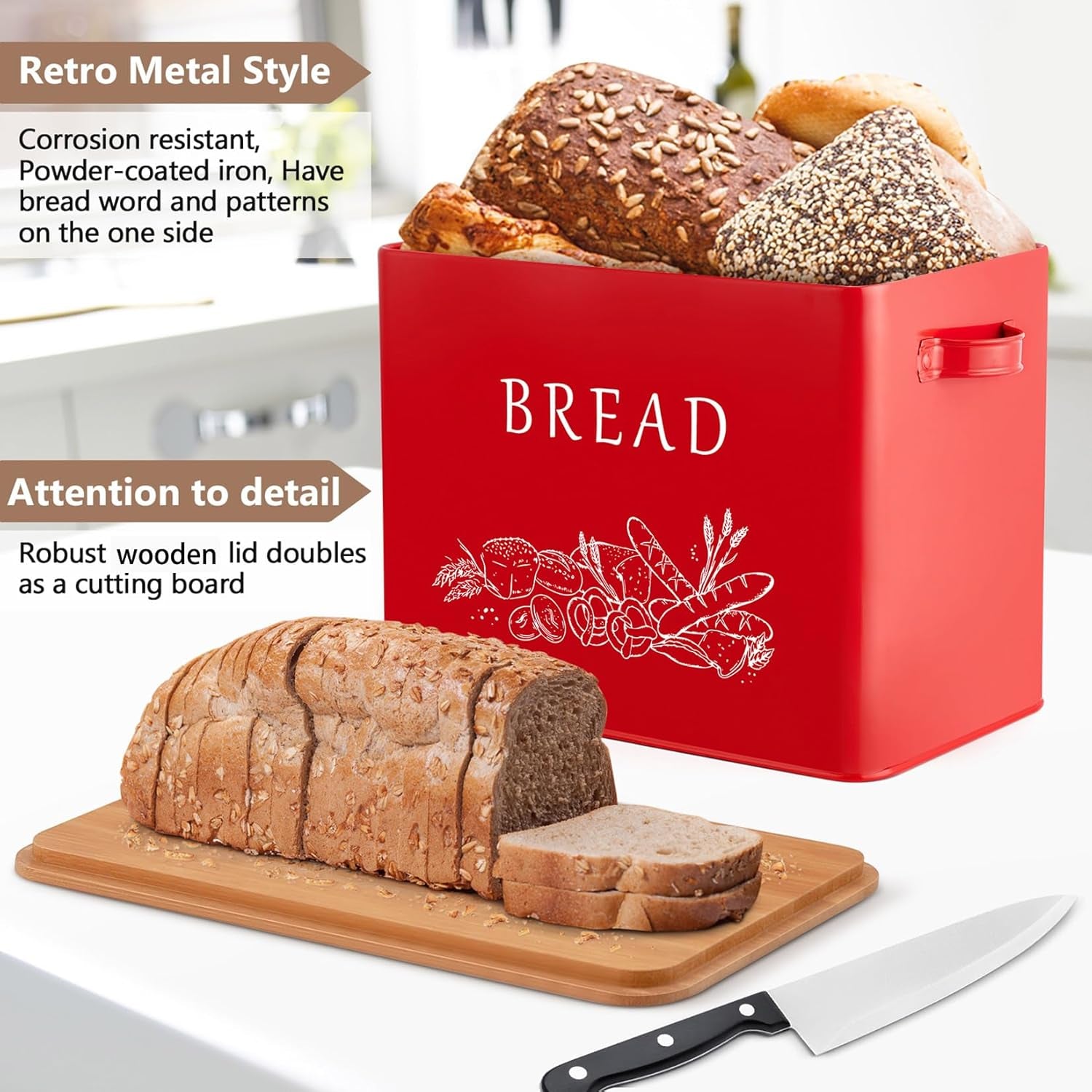 Bread Box for Kitchen Counter, Metal Bread Storage Bin with Wooden Cutting Lid, Large Capacity for Holding 2+ Loaves, Retro Modern Style, Size 13” X 7.2” X 9.7”, Red