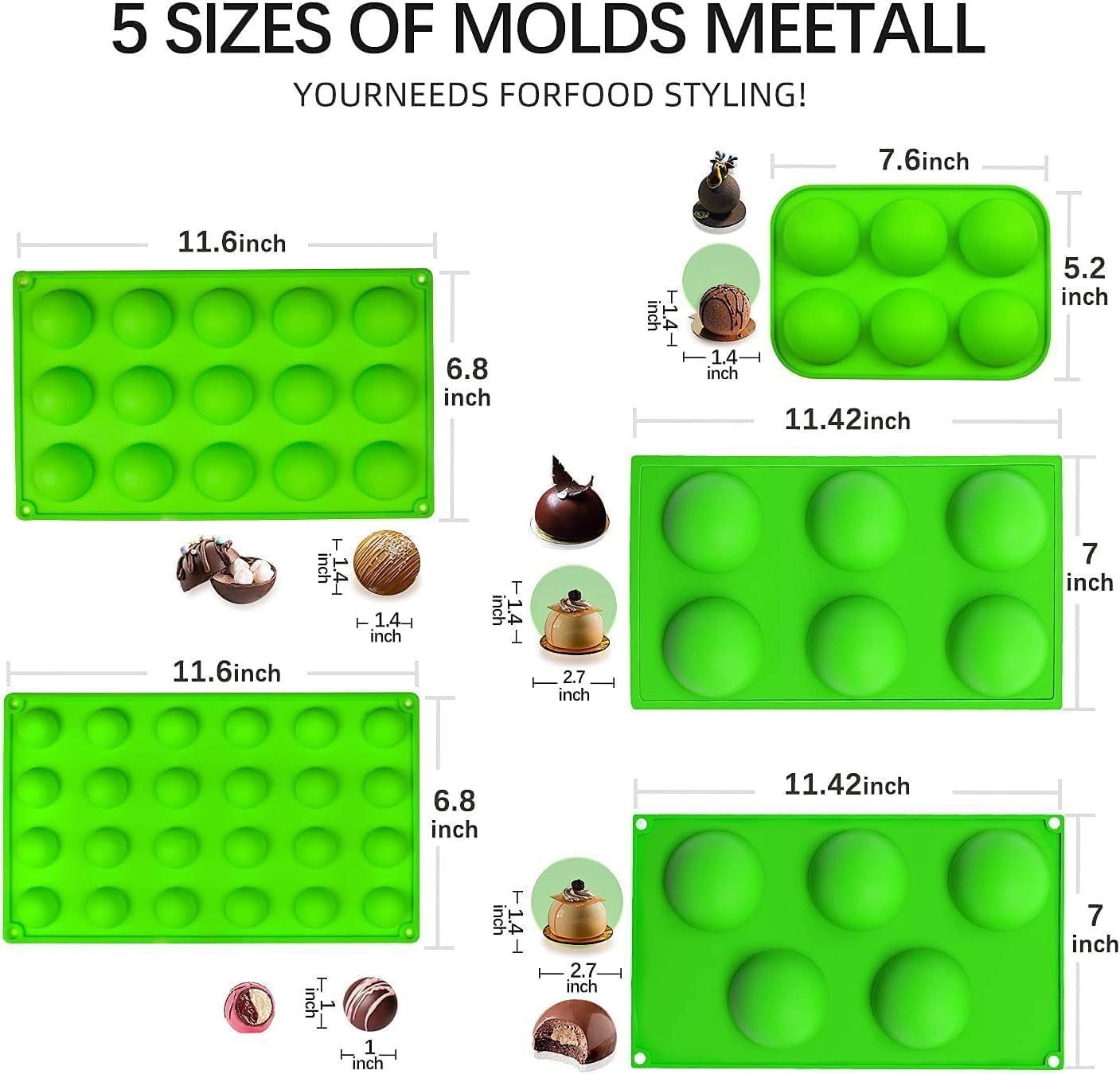 Half Sphere Silicone Molds,  4 Packs 6-Cavity Semi Silicone Dome Molds for Baking, Making Hot Chocolate/Cocoa Bombs, Jelly, Cupcake, Pudding and Dome Mousse