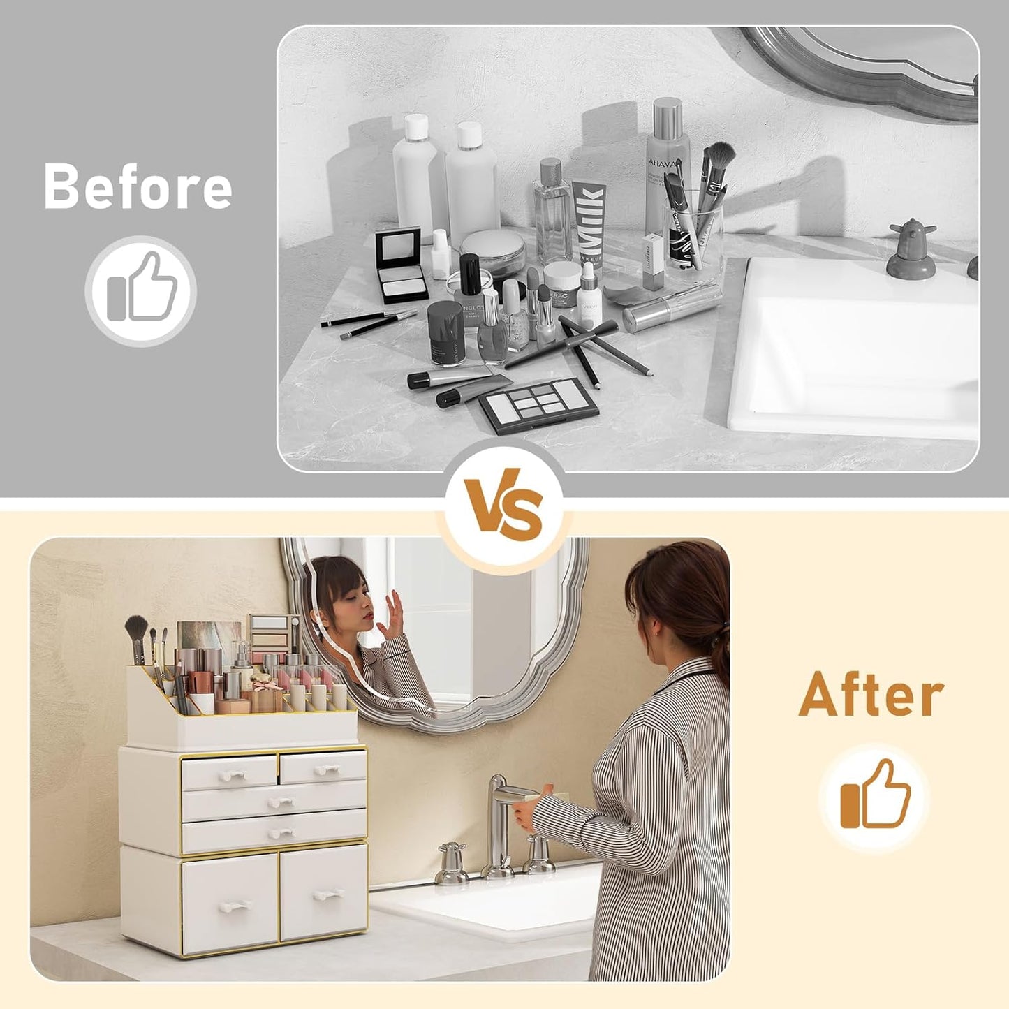 3-Tier 6-Drawer Makeup Organizer Countertop | Cosmetic Organizer for Dresser and Vanity | Bathroom Organizers and Storage for Lipstick Brush Skincare Perfume, Nail Polish(White with Gold Edges)