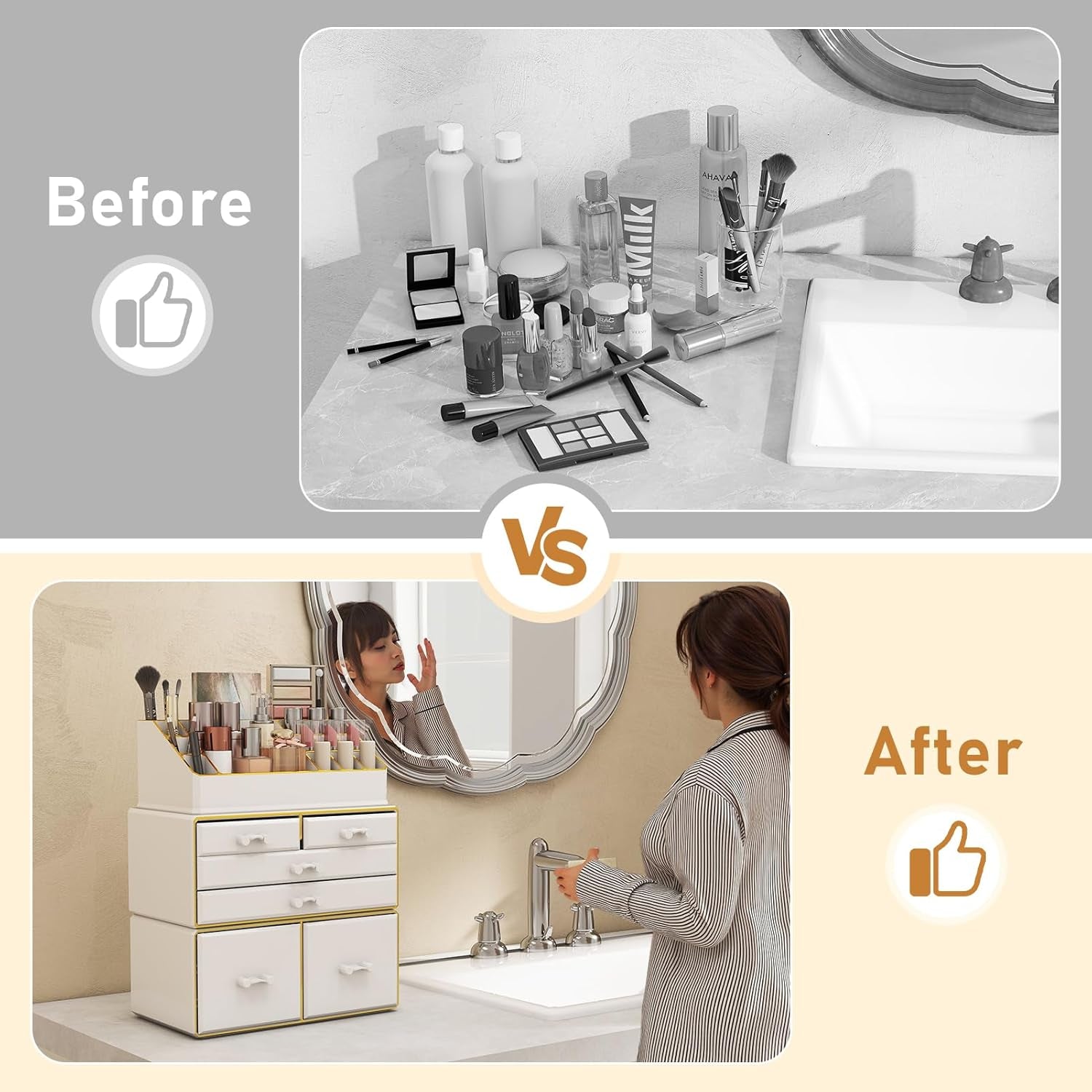 3-Tier 6-Drawer Makeup Organizer Countertop | Cosmetic Organizer for Dresser and Vanity | Bathroom Organizers and Storage for Lipstick Brush Skincare Perfume, Nail Polish(White with Gold Edges)